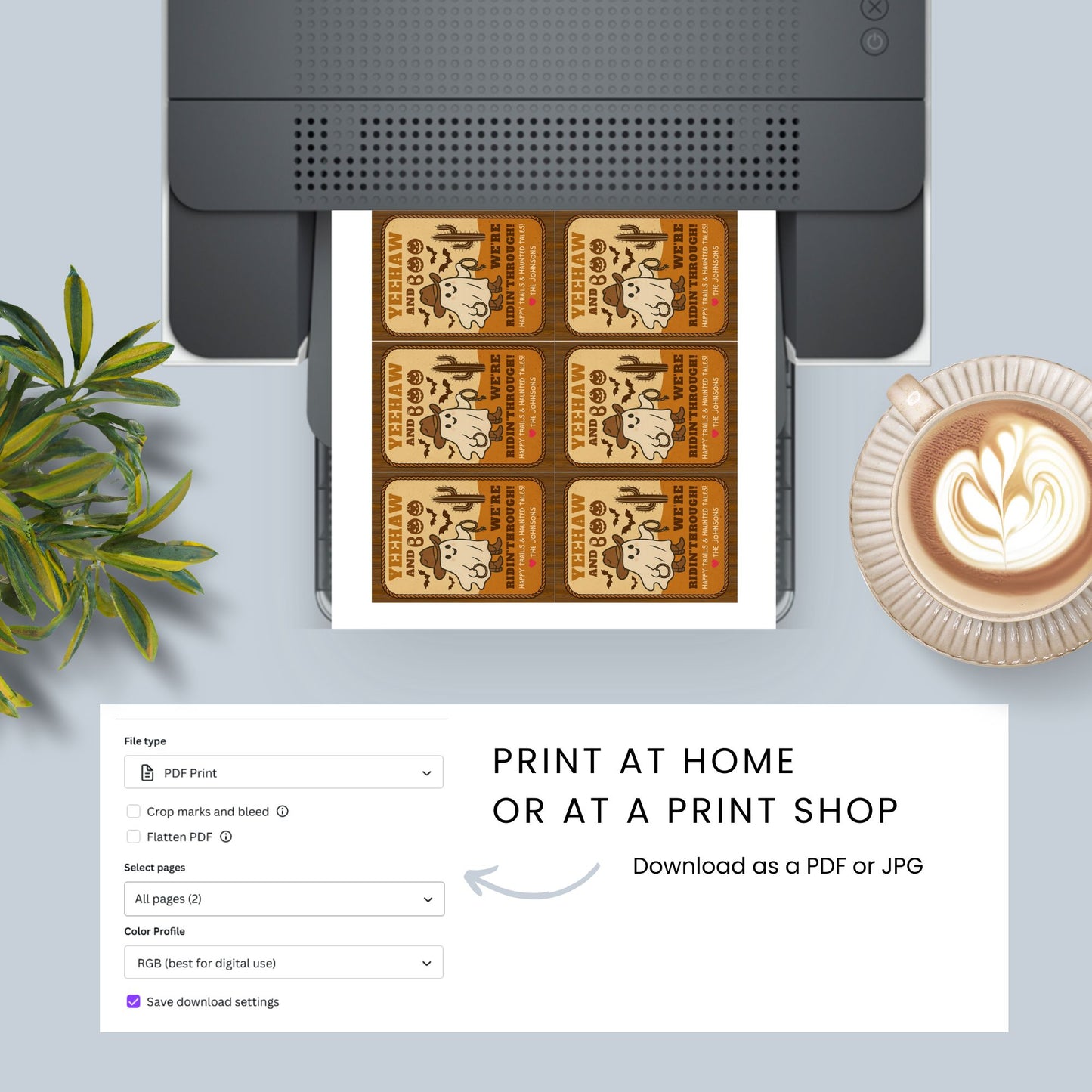 Printer printing design on paper with a cup of coffee and plant in the background