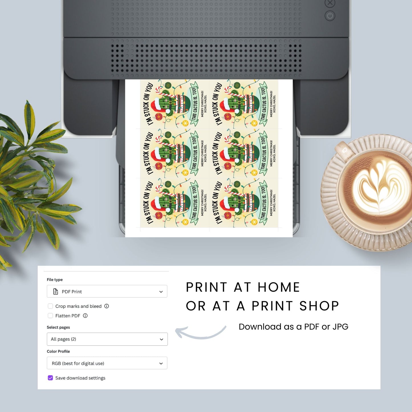 Festive holiday gift tags featuring a cheerful cactus in Christmas attire, perfect for cactus-themed or succulent gifts. Includes printable PDF and editable Canva template.