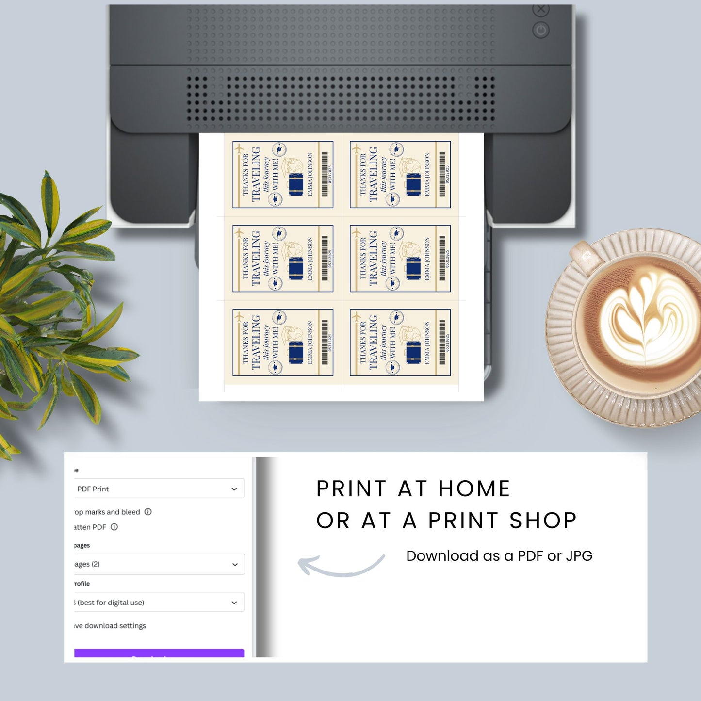 Editable passport-style graduation gift tag, printable digital favor tag with luggage and globe design, travel-themed grad party decoration