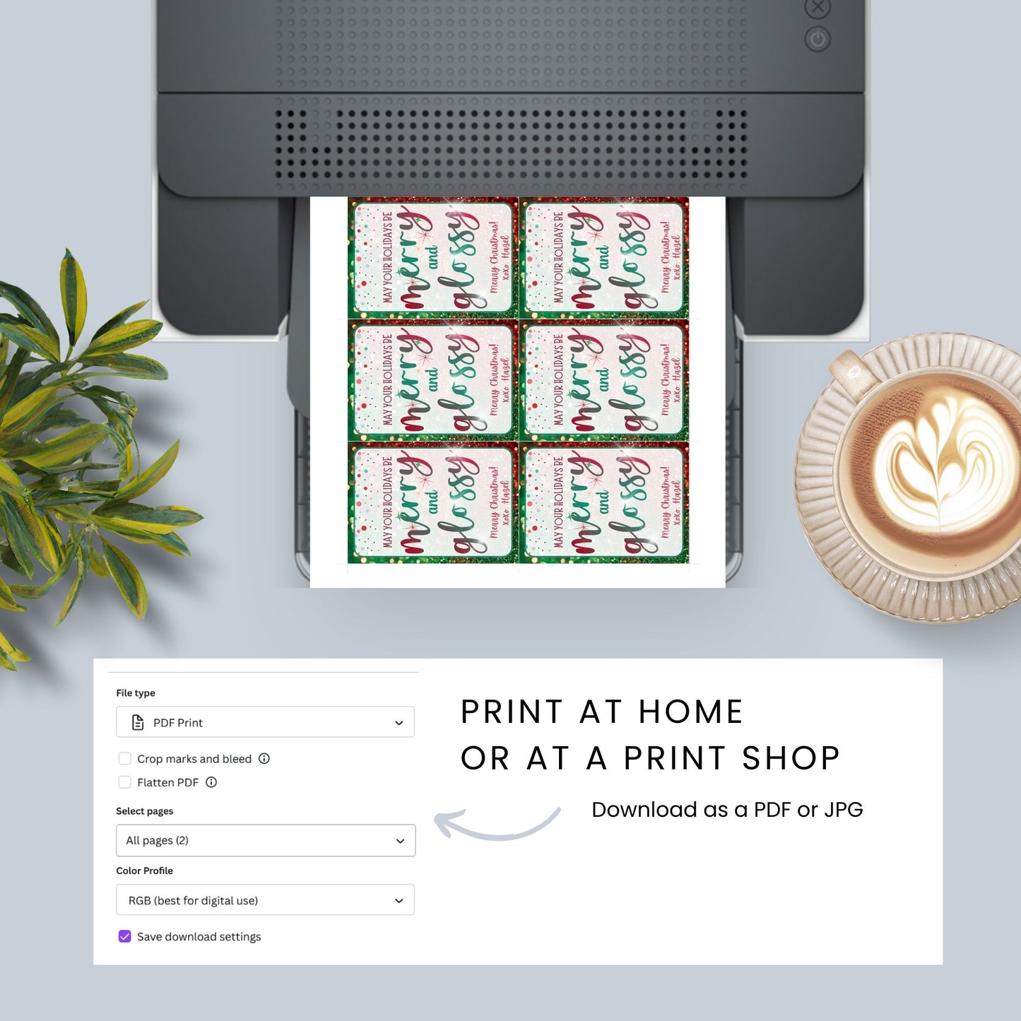 Christmas gift tags featuring the message "May Your Holidays Be Merry and Glossy" with a sparkling, festive design. Perfect for gifts like lip gloss, nail polish, or any glossy present, these printable and editable tags add a polished holiday touch.