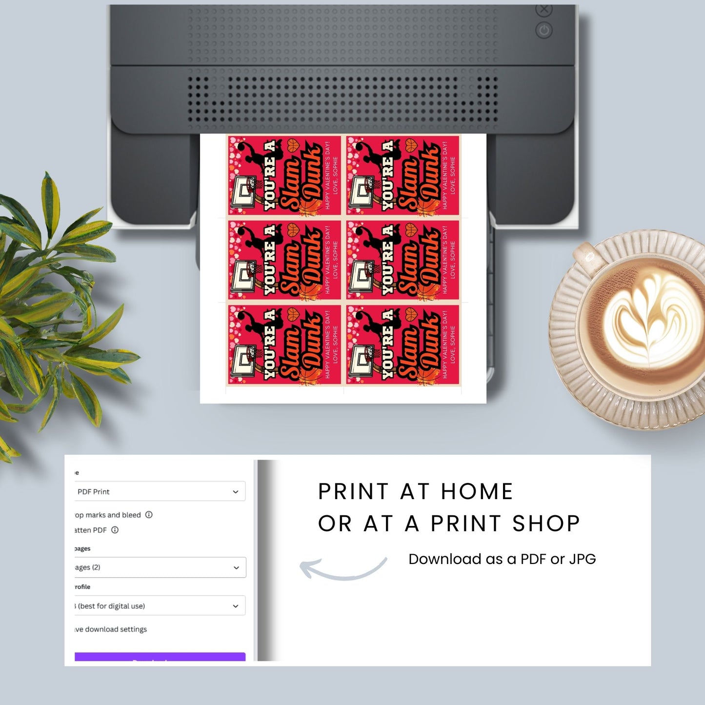 Printable and editable basketball-themed Valentineās Day gift tags with the message "Youāre a Slam Dunk." Features a red and black design with a basketball hoop and hearts, perfect for teammates, coaches, and sports lovers.