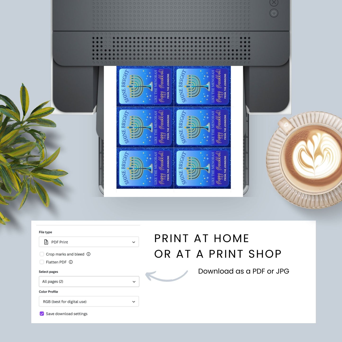 A sheet of eight printable and editable Hanukkah gift tags featuring a vibrant menorah design with the text "Shine Bright Like the Menorah - Happy Hanukkah!" Perfect for adding a festive touch to Hanukkah gifts.