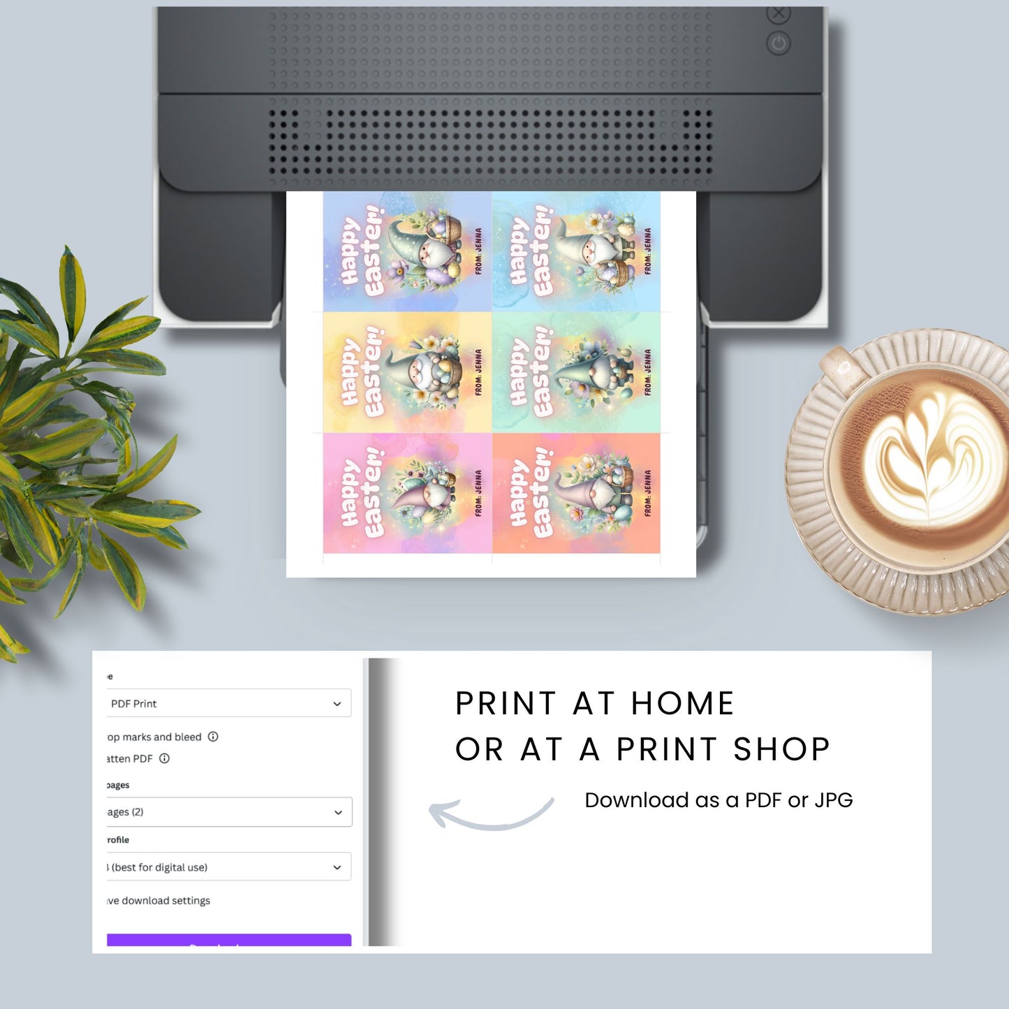 Colorful Easter gift tags with cute gnome designs, ready for personalization and printing, set against a vibrant pastel background.