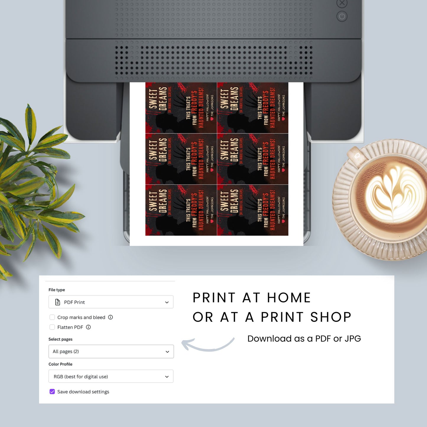 Printer with printed pages, plant, and coffee cup on a light gray surface.