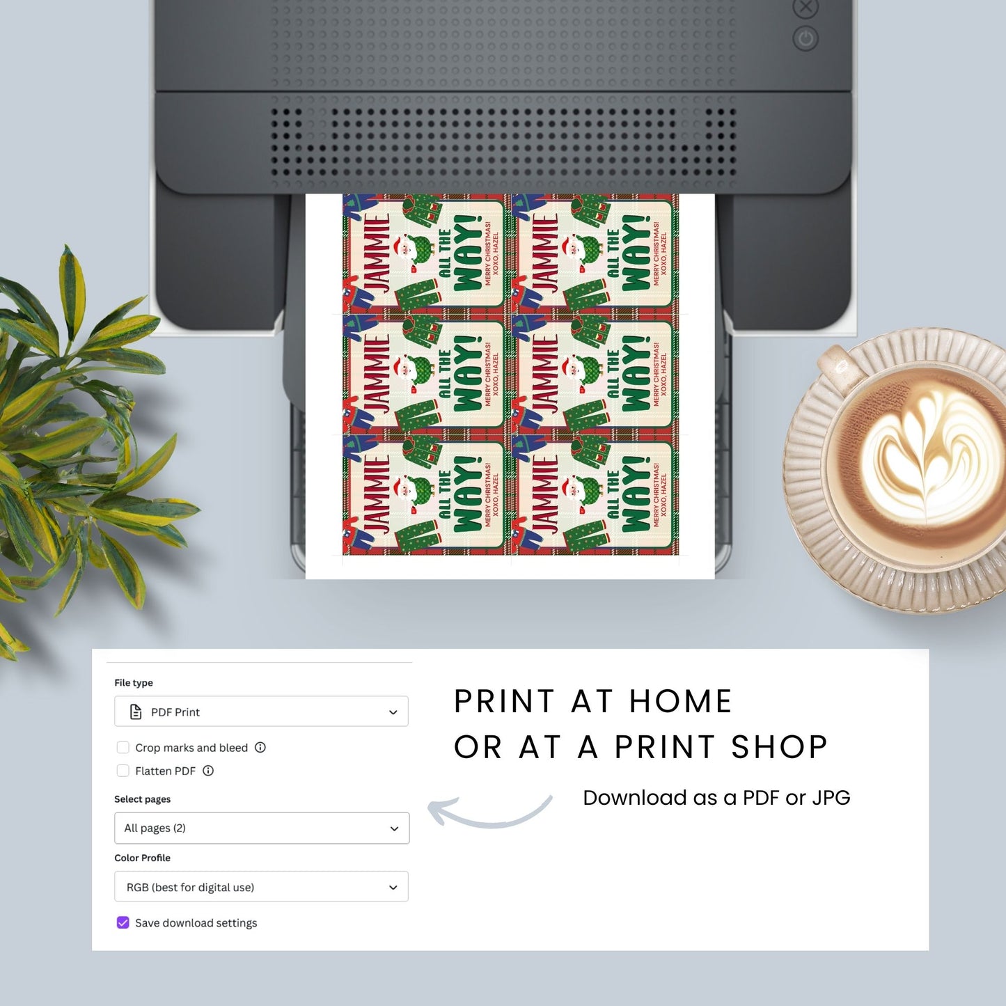 Holiday gift tags with a "Jammie All the Way!" theme, ideal for attaching to pajama gifts, featuring festive holiday pajamas, Santa, and a cozy plaid background.