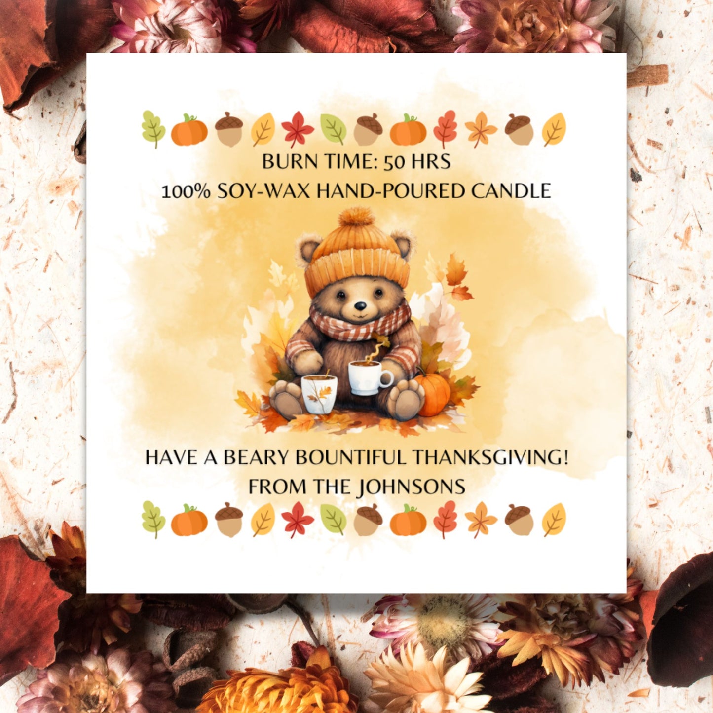 A set of 9 "Beary Bountiful Thanksgiving" themed Fall candle labels featuring charming bears, autumn leaves, and Thanksgiving motifs. The 2.75-inch square labels come as fixed designs with editable text for personal customization.