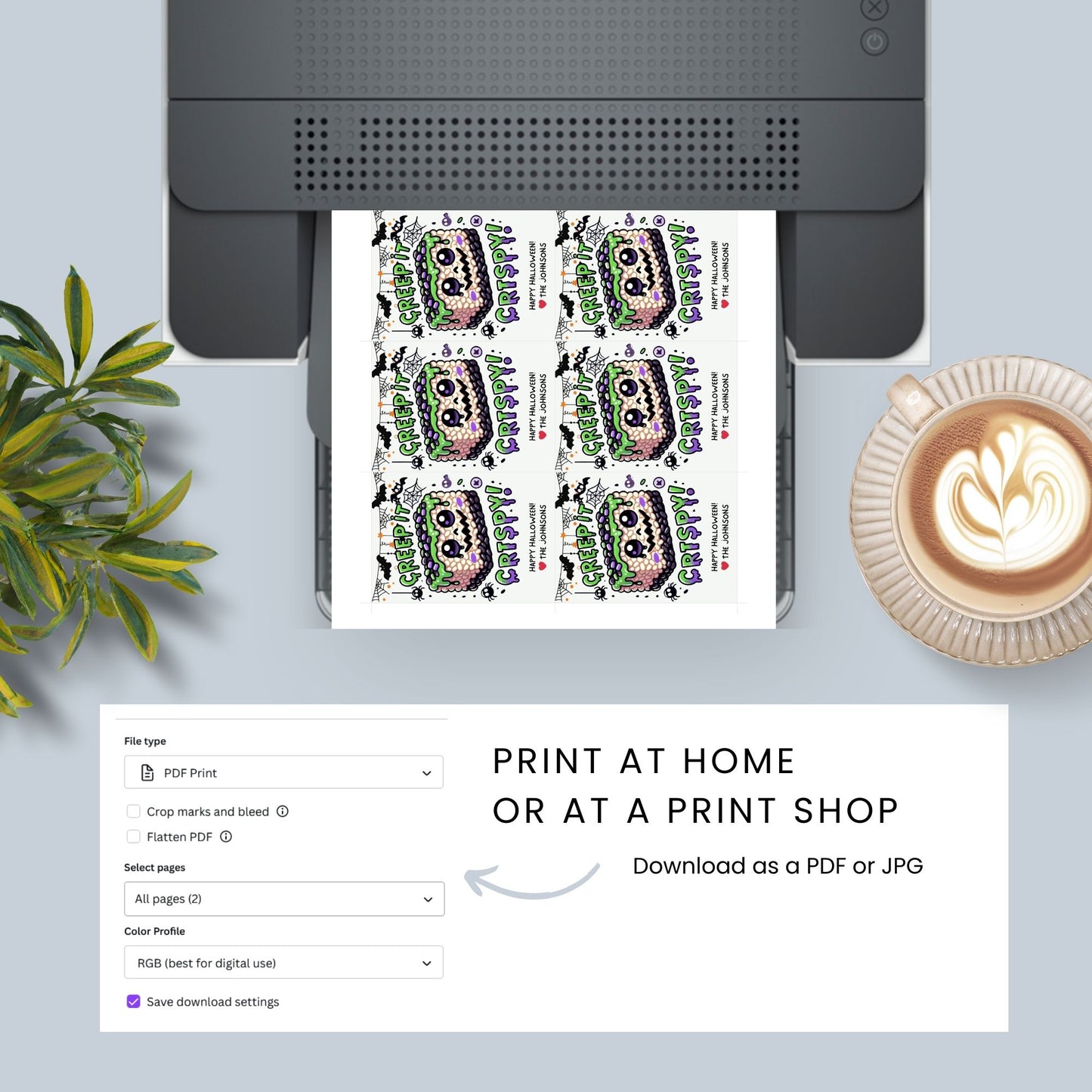 Halloween-themed printable gift tags featuring a spooky rice krispie treat with green frosting and purple sprinkles. The tag reads "Creep It Crispy!" Perfect for Halloween treats, sized 2.5 x 3.5 inches, laid out 8 per sheet. Includes a printable PDF and a link to an editable Canva template.