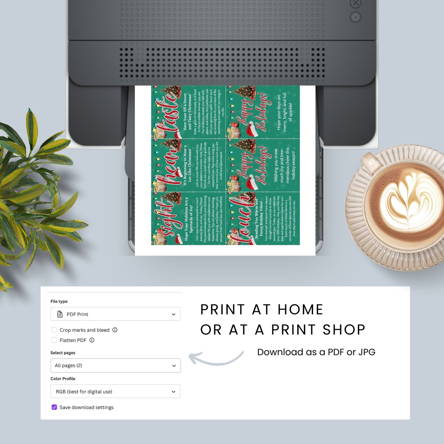 Festive holiday 5 Senses Gift Tags featuring Santa hats, Christmas trees, and snowflakes. Ideal for teachers, nurses, employees, and more. Includes an editable Canva template with personalized descriptions. Double-sided and perfect for spreading holiday cheer!