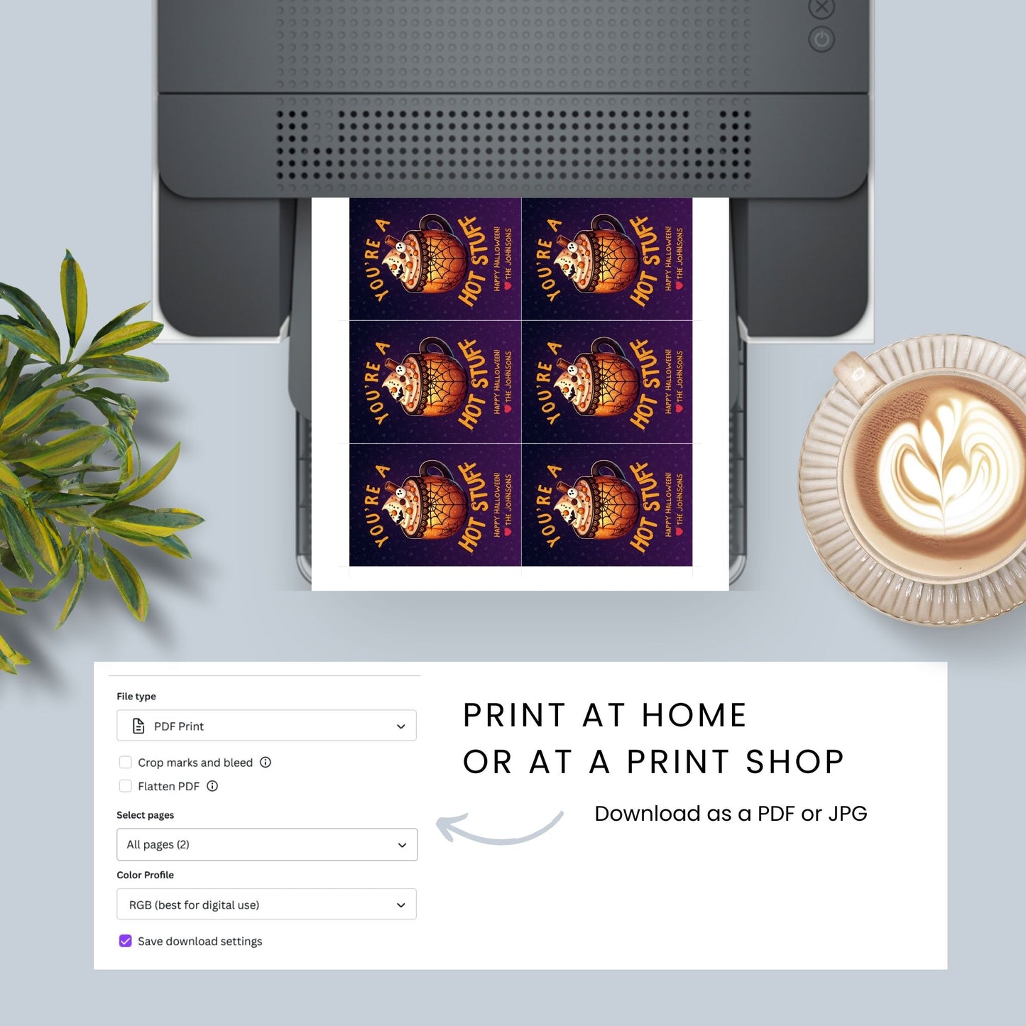 Halloween-themed printable gift tags with the message "You're a Hot Stuff" featuring a festive mug of hot cocoa on a dark purple background. Tags are 2.5 x 3.5 inches, laid out 8 per sheet on a standard 8.5 x 11-inch page. Includes a printable PDF and a PDF with a link to an editable Canva template.
