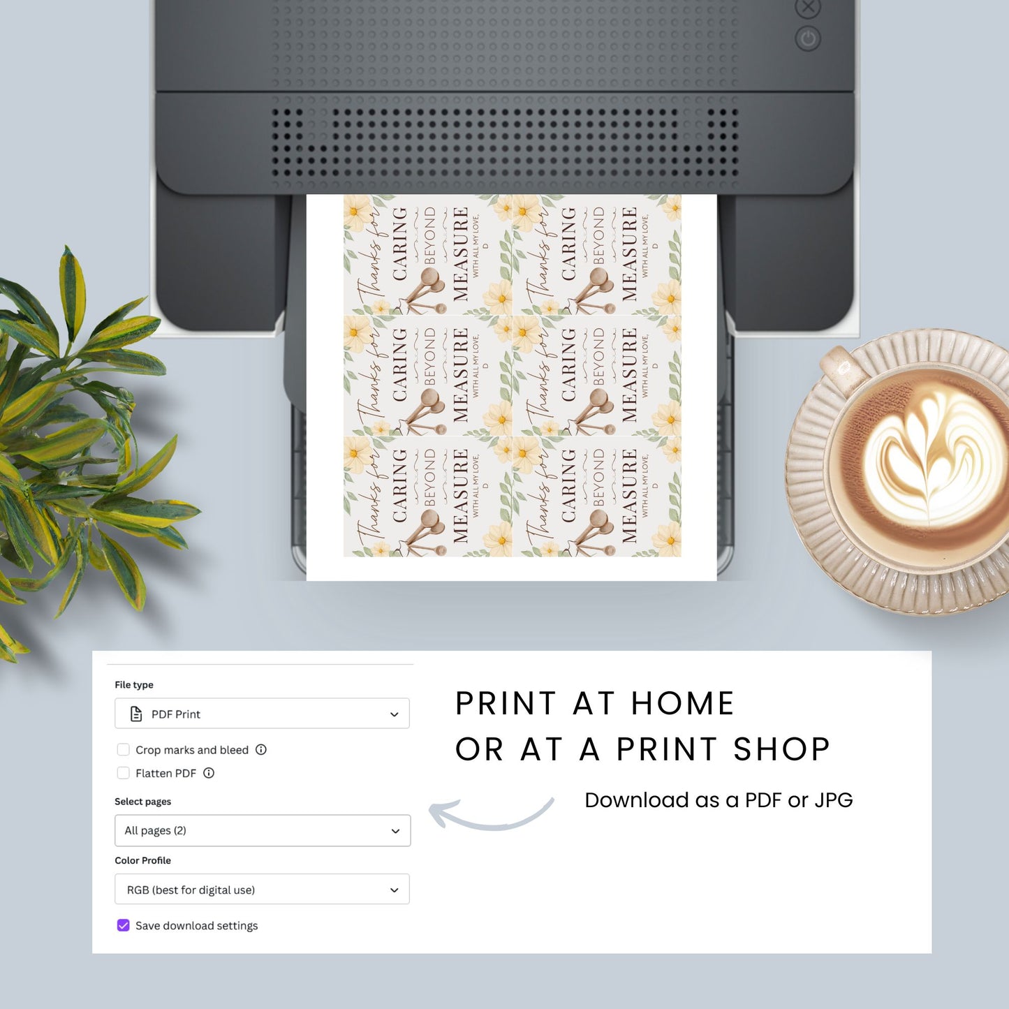 Printable and editable “Thanks for Caring Beyond Measure” gift tag with kitchen theme – perfect for caregivers, nurses, and appreciation gifts.