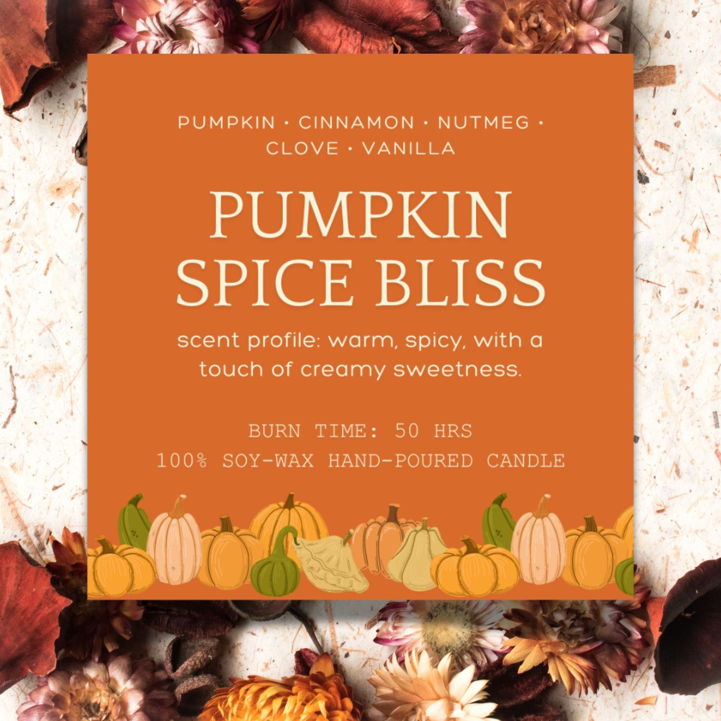 A set of 10 editable Fall-themed candle labels featuring autumn-inspired designs and scents, perfect for adding a personal touch to your candles. The labels are 2.75 inches square and come with a link to a customizable Canva template.