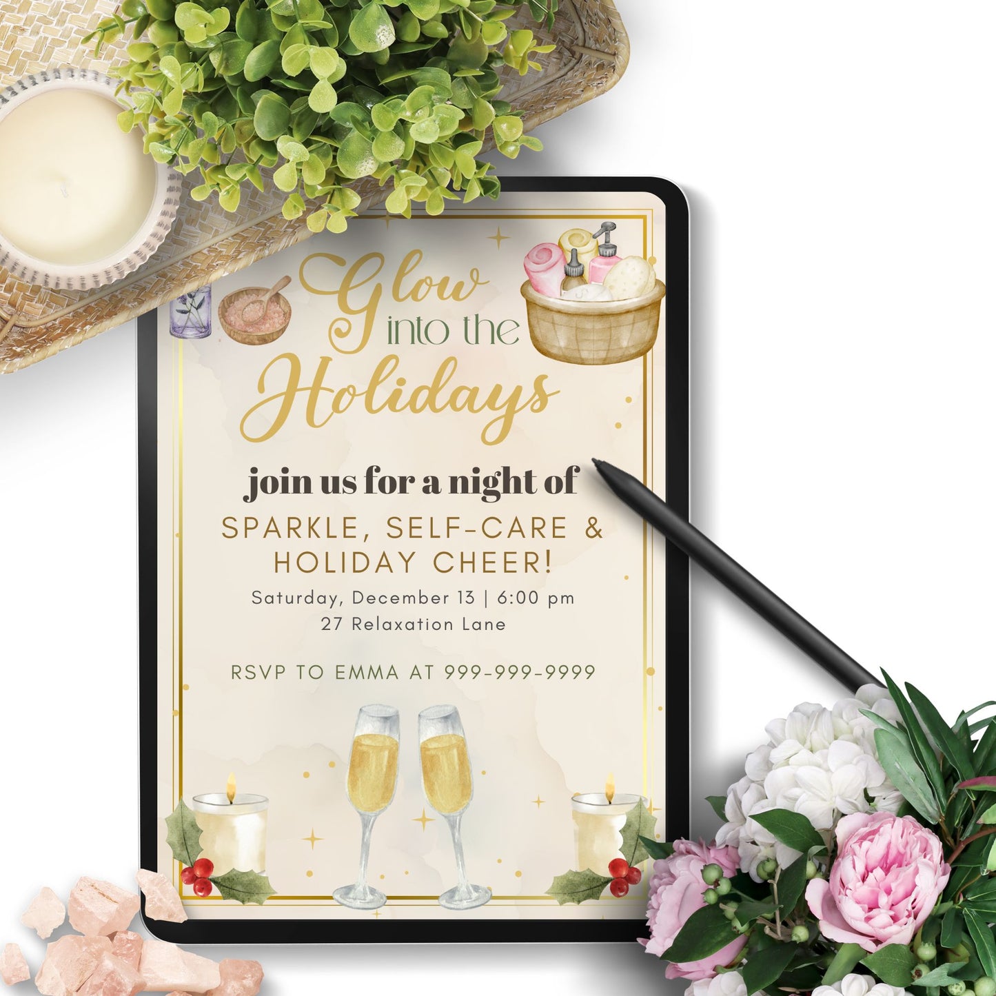 Digital invitation card for a holiday event with champagne glasses, candles, and flowers on a tablet.