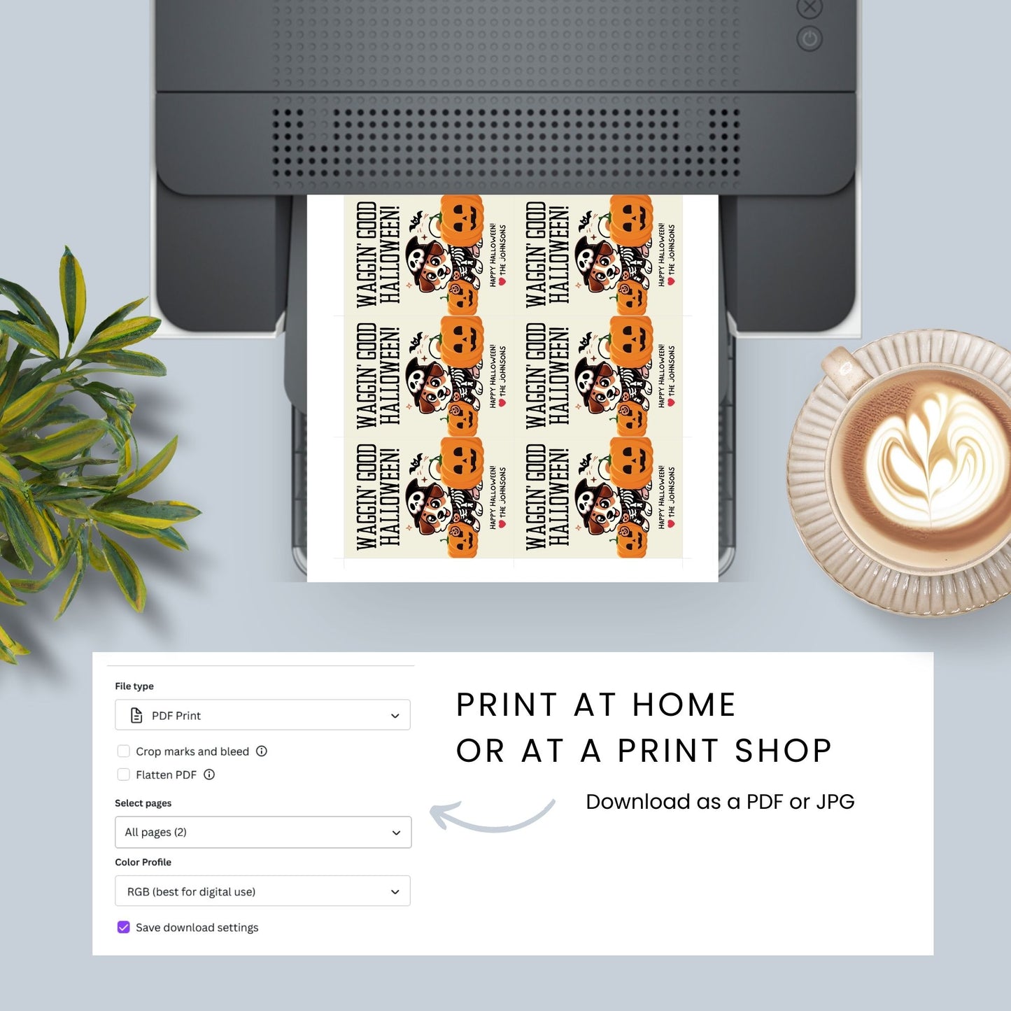 Dog-themed printable Halloween gift tags featuring an adorable dog dressed in a skeleton costume with pumpkins and the message "Waggin' Good Halloween!" Tags are 2.5 x 3.5 inches, laid out 8 per sheet on an 8.5 x 11-inch page. Includes a printable PDF and a PDF with a link to an editable Canva template.
