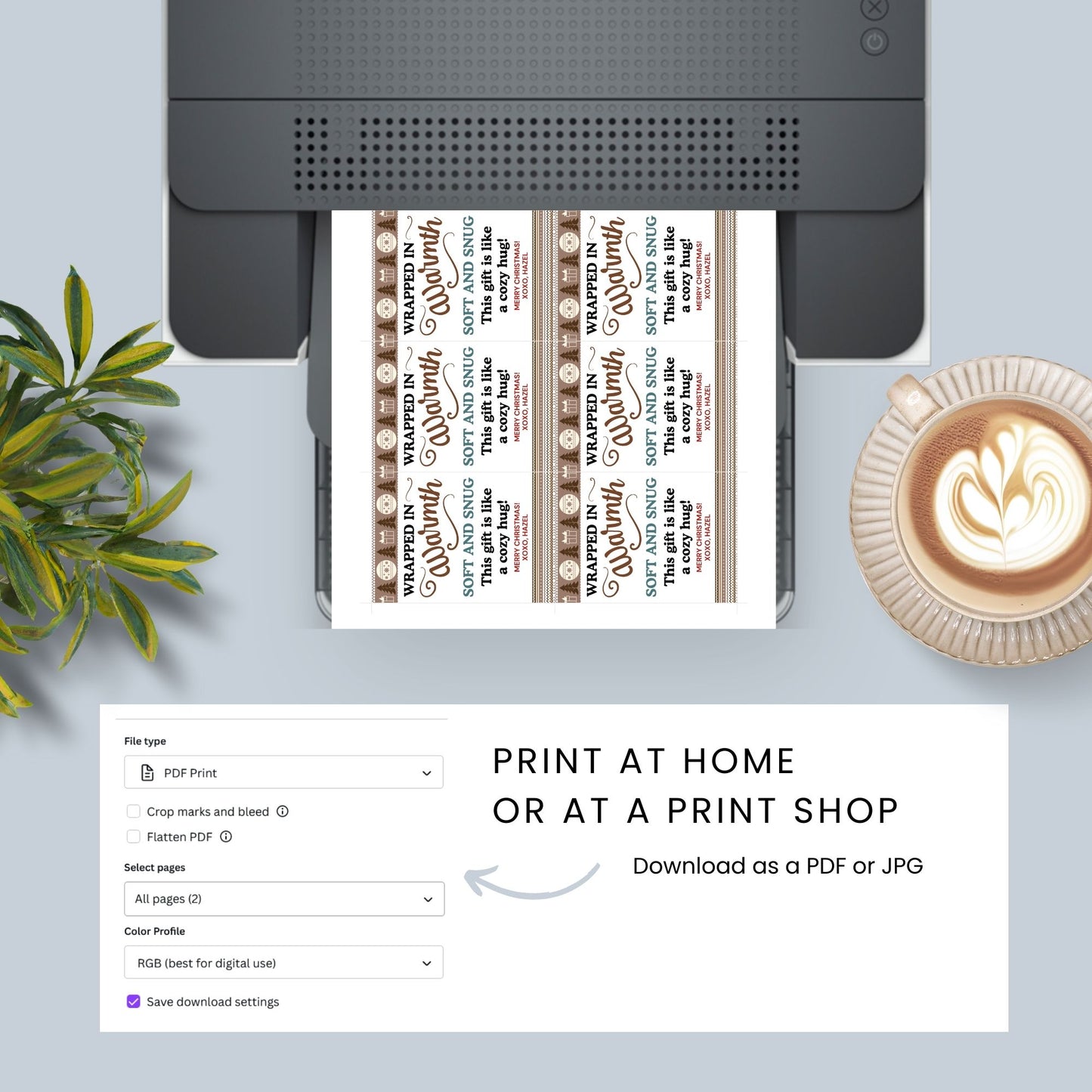 Printable "Wrapped in Warmth" gift tags designed for blankets and cozy gifts. Perfect for personalized or homemade blankets. Includes printable PDF and editable Canva template.