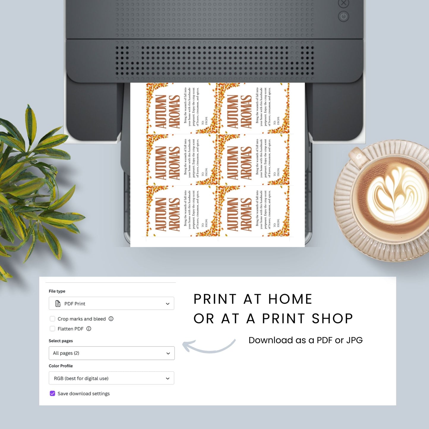 Printable 'Autumn Aromas' fall gift tags with a festive leaf border, perfect for seasonal gifting, potpourri, and Thanksgiving presents. Includes customizable To/From sections for a personalized touch.