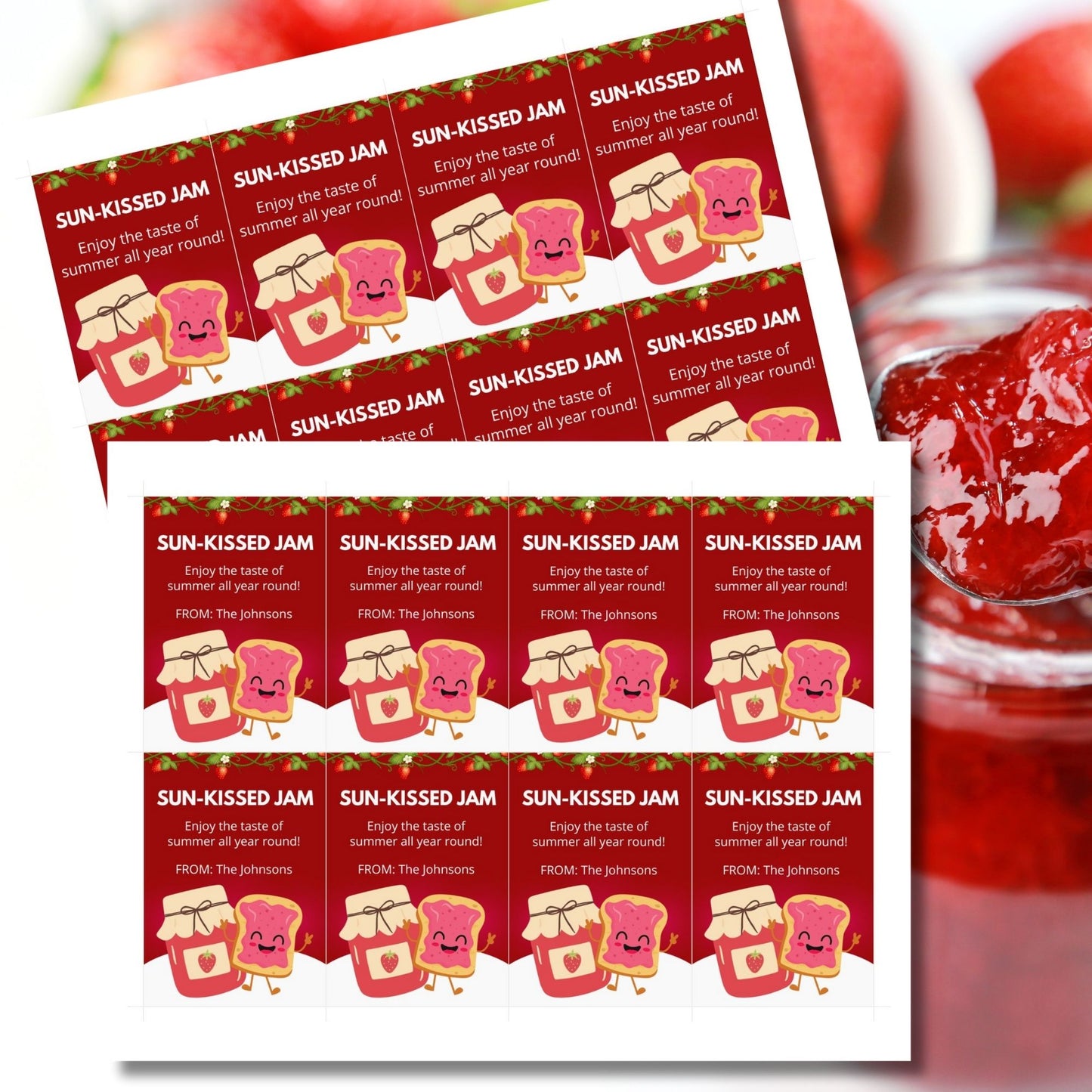 Charming gift tags featuring a colorful jam and toast design with the text "Sun-Kissed Jam. Enjoy the taste of summer all year round!" Personalize with names and messages.