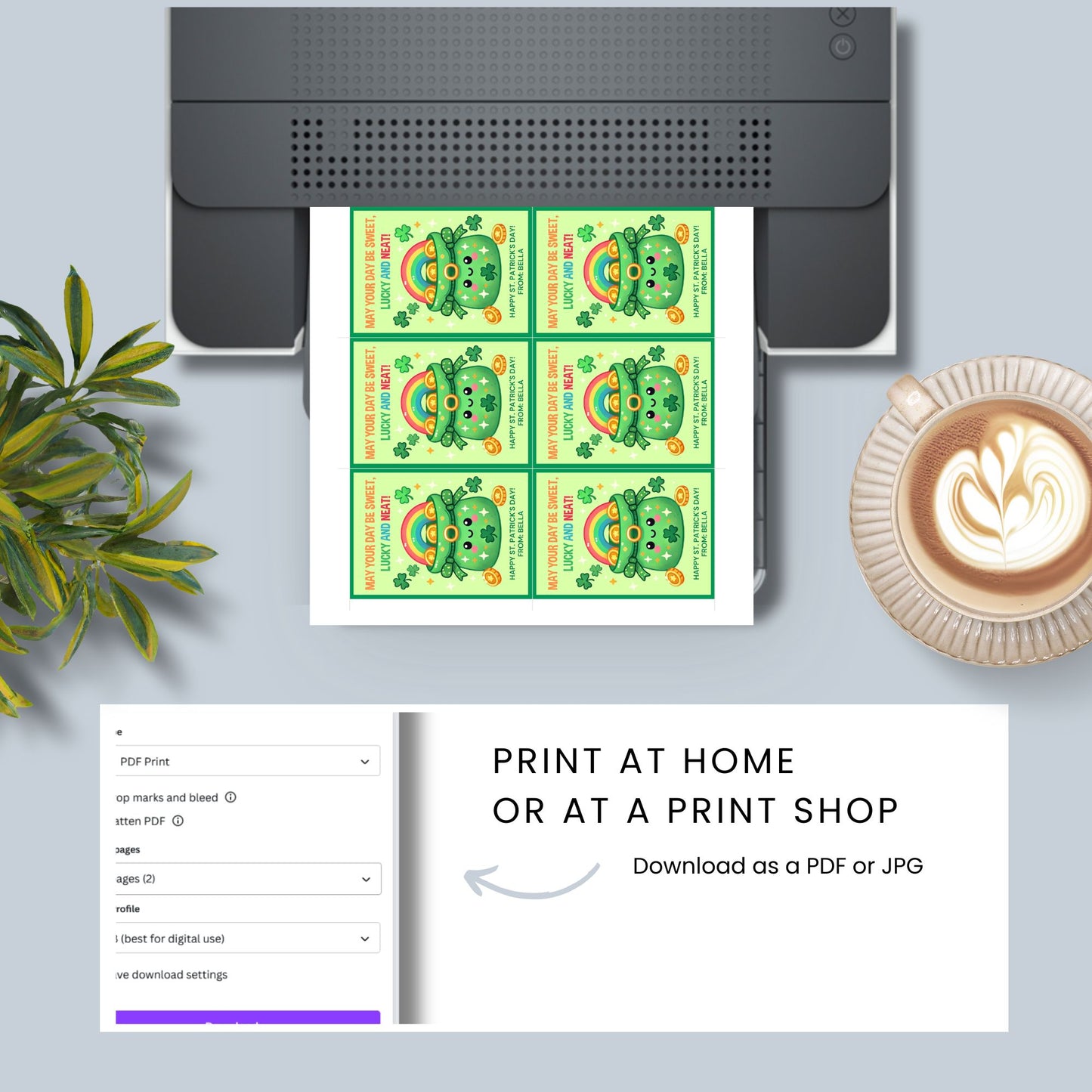 A fun and festive St. Patrick’s Day printable gift tag featuring a cute smiling pot of gold, shamrocks, and a rainbow, with the cheerful message “May Your Day Be Sweet, Lucky, and Neat!” The tags are 2.5 x 3.5 inches, laid out on an 8.5 x 11-inch sheet, 8 per page. Available as a printable PDF and an editable Canva template for personalization.