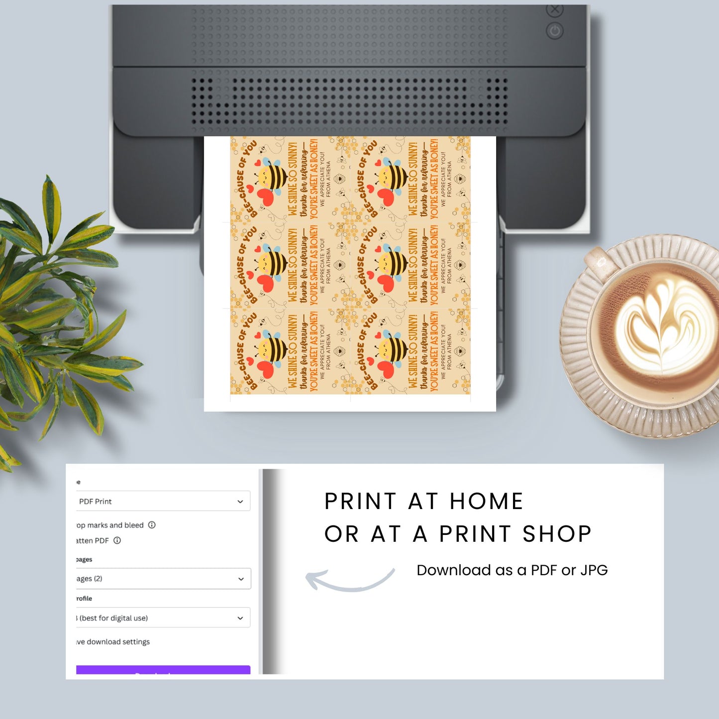 A printable PDF of referral gift tags with bee and honey themes, titled "BEE-cause of You We Shine So Sunny," editable in Canva.