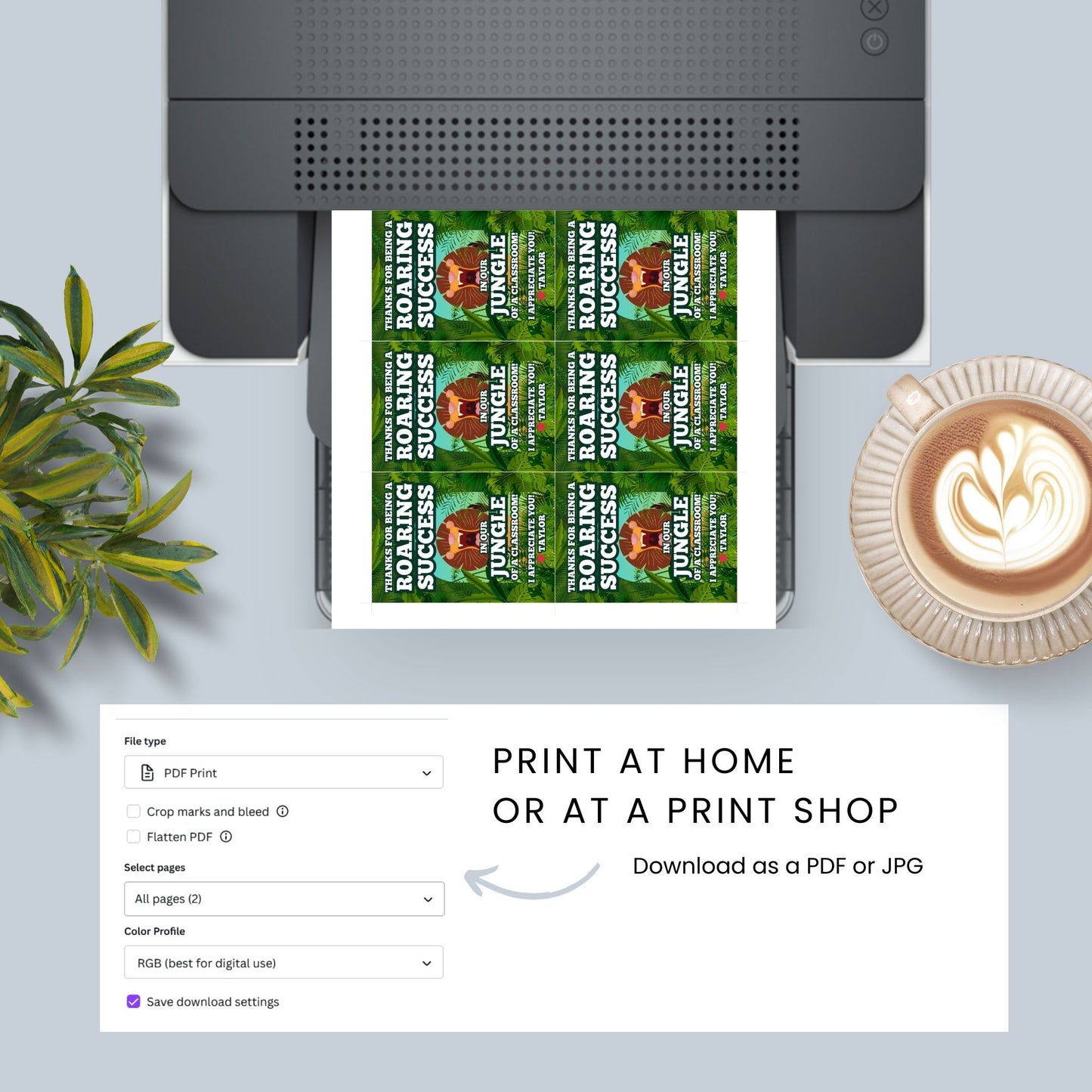 Jungle-themed teacher appreciation gift tags, featuring a roaring lion with the message "Thanks for Being a Roaring Success in Our Jungle of a Classroom!", sized 2.5 x 3.5 inches, laid out 8 per sheet on an 8.5 x 11-inch printable page. Includes editable Canva template for personalization.