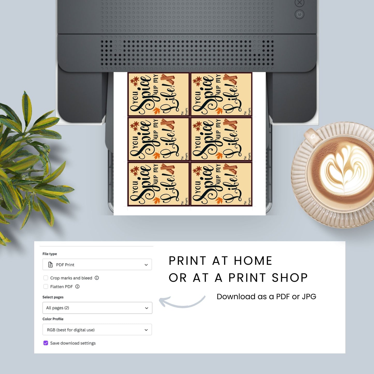 Editable spices-themed fall gift tags with the message 'You Spice Up My Life!' in 2.5 x 3.5 inches, 8 per sheet, available as printable and customizable PDFs.