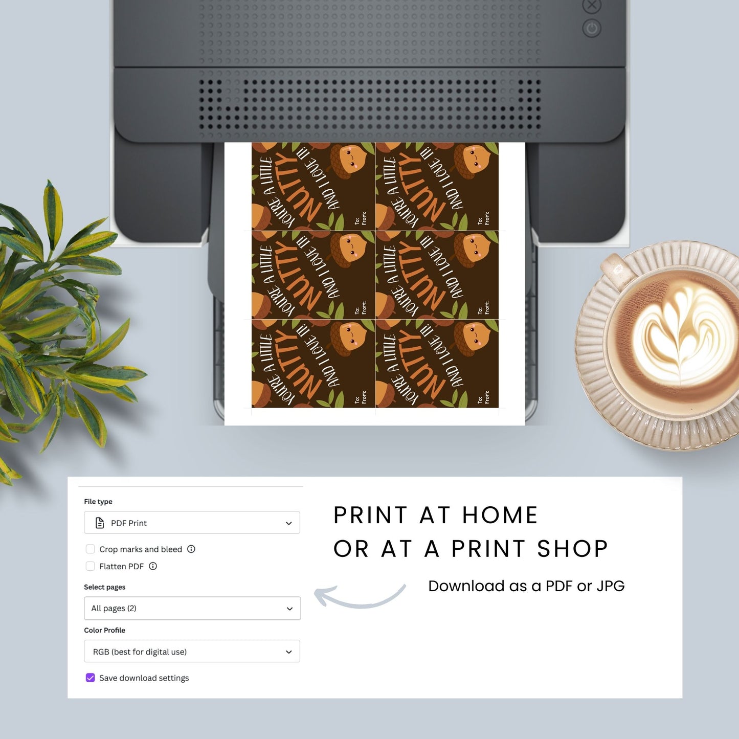 Editable acorn-themed fall gift tags with the message 'You're a Little Nutty and I Love It!' in 2.5 x 3.5 inches, 8 per sheet, available as printable and customizable PDFs.