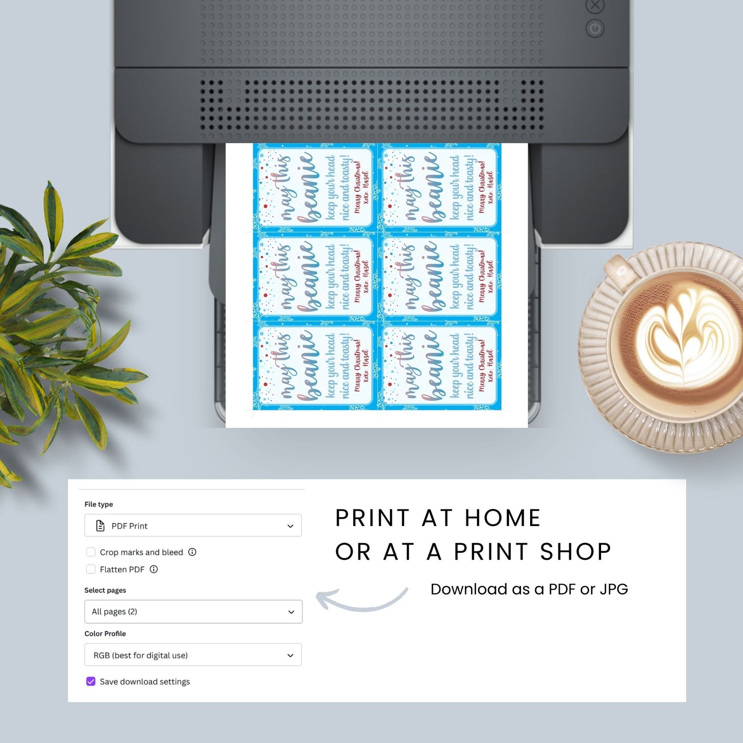 Holiday gift tags with a snowflake design for beanies or winter accessories, featuring the message "May This Beanie Keep Your Head Nice and Toasty." Includes printable PDF and editable Canva template.