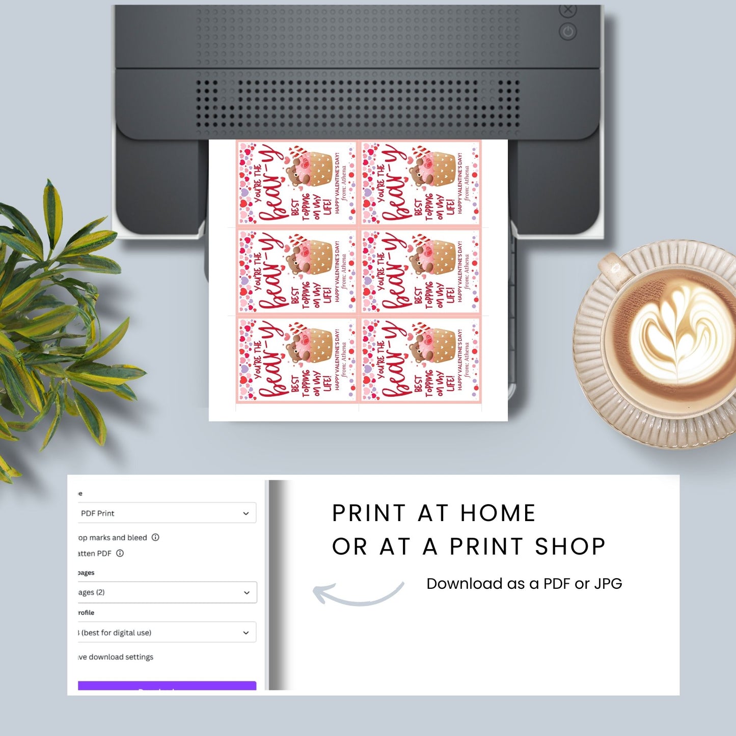 Printable and editable bear-themed Valentineās Day gift tags featuring a cute teddy bear inside a cupcake with the message "Youāre the Bear-y Best Topping on My Life!" Perfect for pairing with cupcakes, plush bears, and sweet treats.