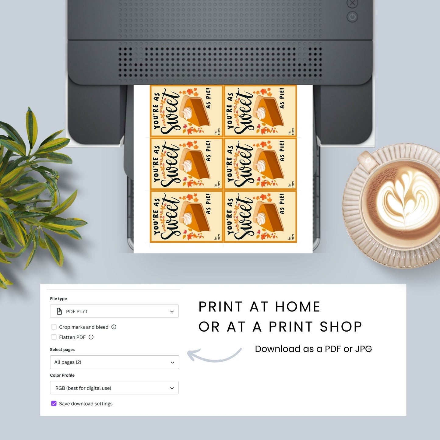 Editable pumpkin pie-themed fall gift tags with the message 'You're as Sweet as Pie!' in 2.5 x 3.5 inches, 8 per sheet, available as printable and customizable PDFs.