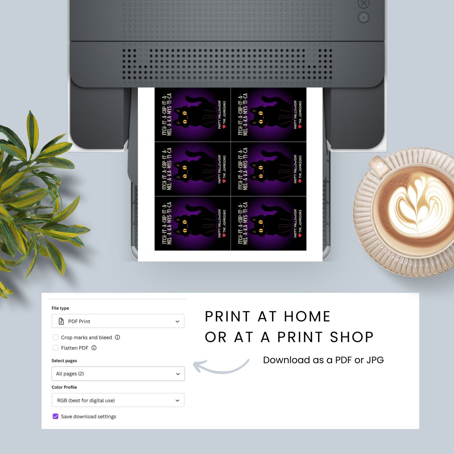 Printable Halloween gift tags featuring the famous "Hocus Pocus" cat chant with a black cat and a mysterious purple background, perfect for party favors or spooky gifts.