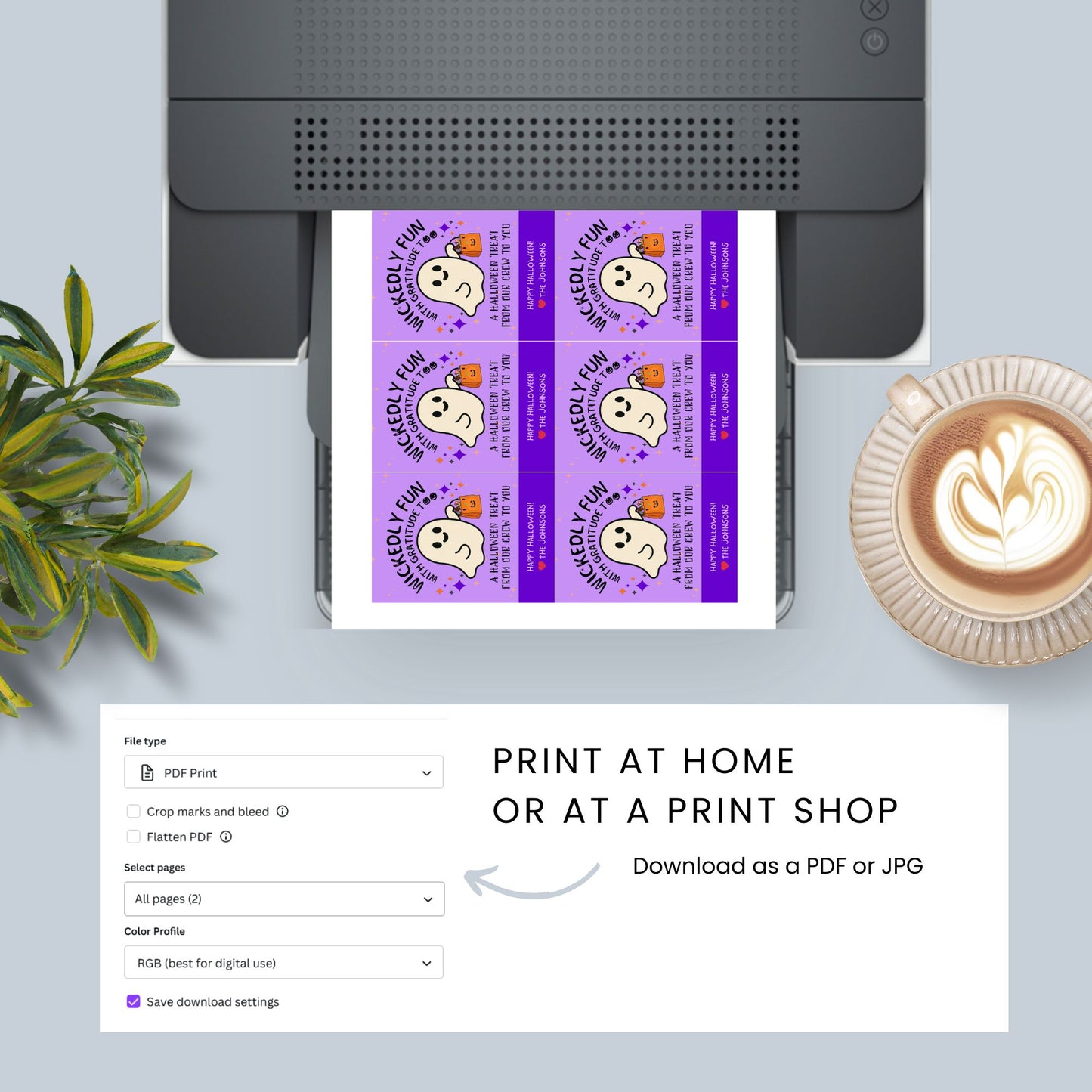 Printer with printed labels, a plant, and a coffee cup on a light gray surface.