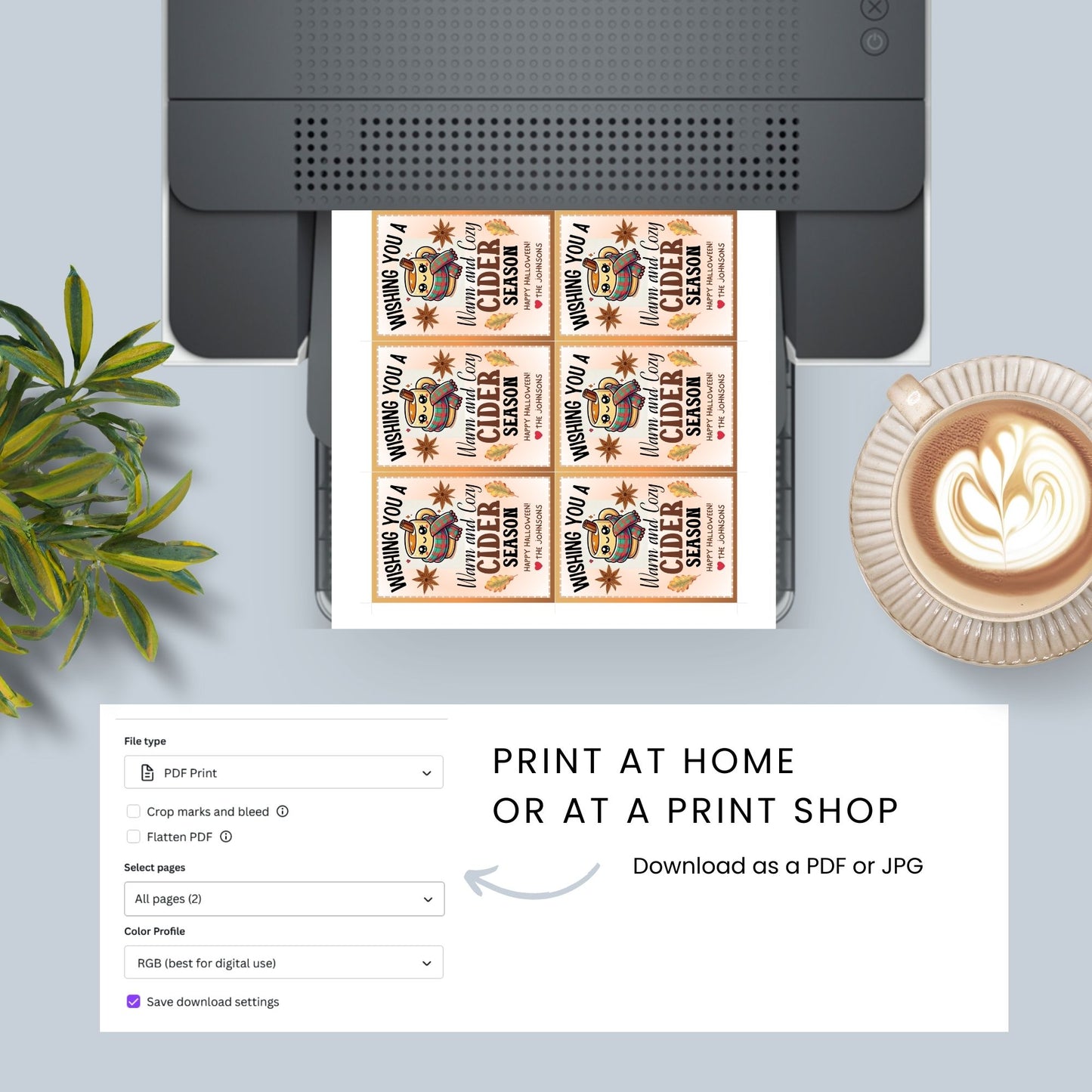 A printable Halloween gift tag featuring a warm and cozy cider theme. The tag displays a cute mug wrapped in a scarf, surrounded by autumn leaves and star anise, with the message "Wishing You a Warm and Cozy Cider Season."