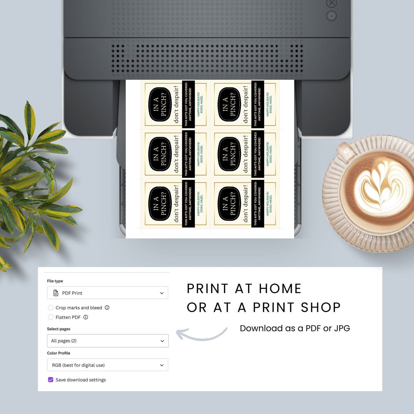 Elegant black and gold "In A Pinch? Don’t Despair!" gift tags, perfect for emergency kits or small survival packs. Includes printable and editable Canva template.
