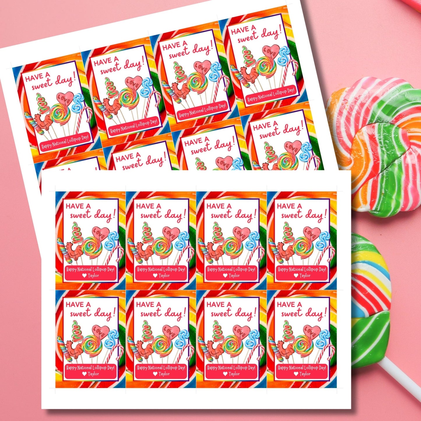 Bright and colorful National Lollipop Day gift tags with the message 'Have a sweet day!' featuring an array of lollipops and candy. Perfect for teachers, students, and employees. Available at Given Crafted Wonders.