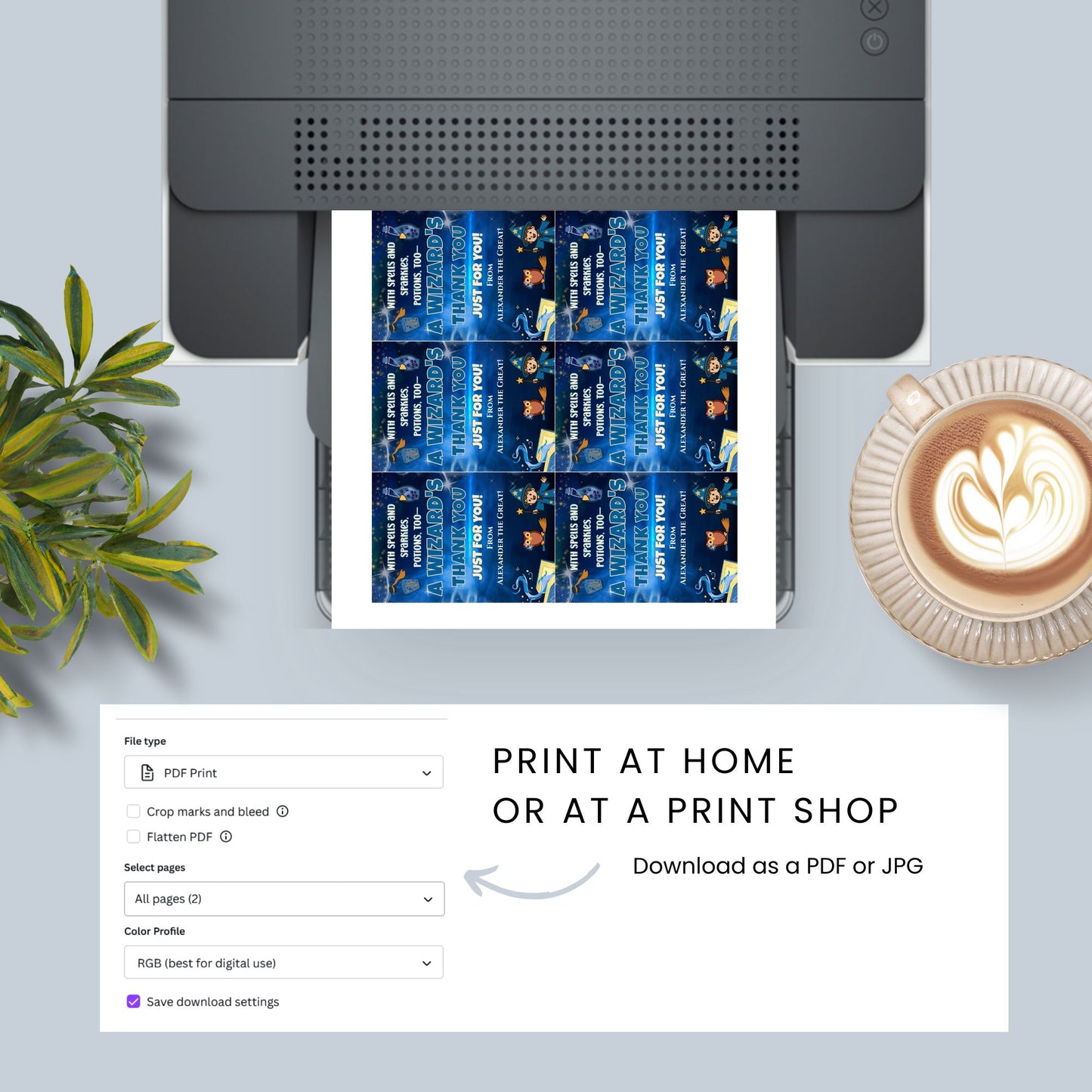 Printer printing a document with blue pages, accompanied by a plant and coffee cup on a light gray background.