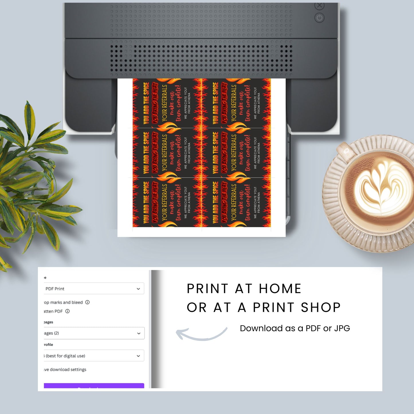 A printable PDF of hot sauce-themed referral gift tags, titled "You Add the Spice, You Bring the Heat," customizable in Canva.