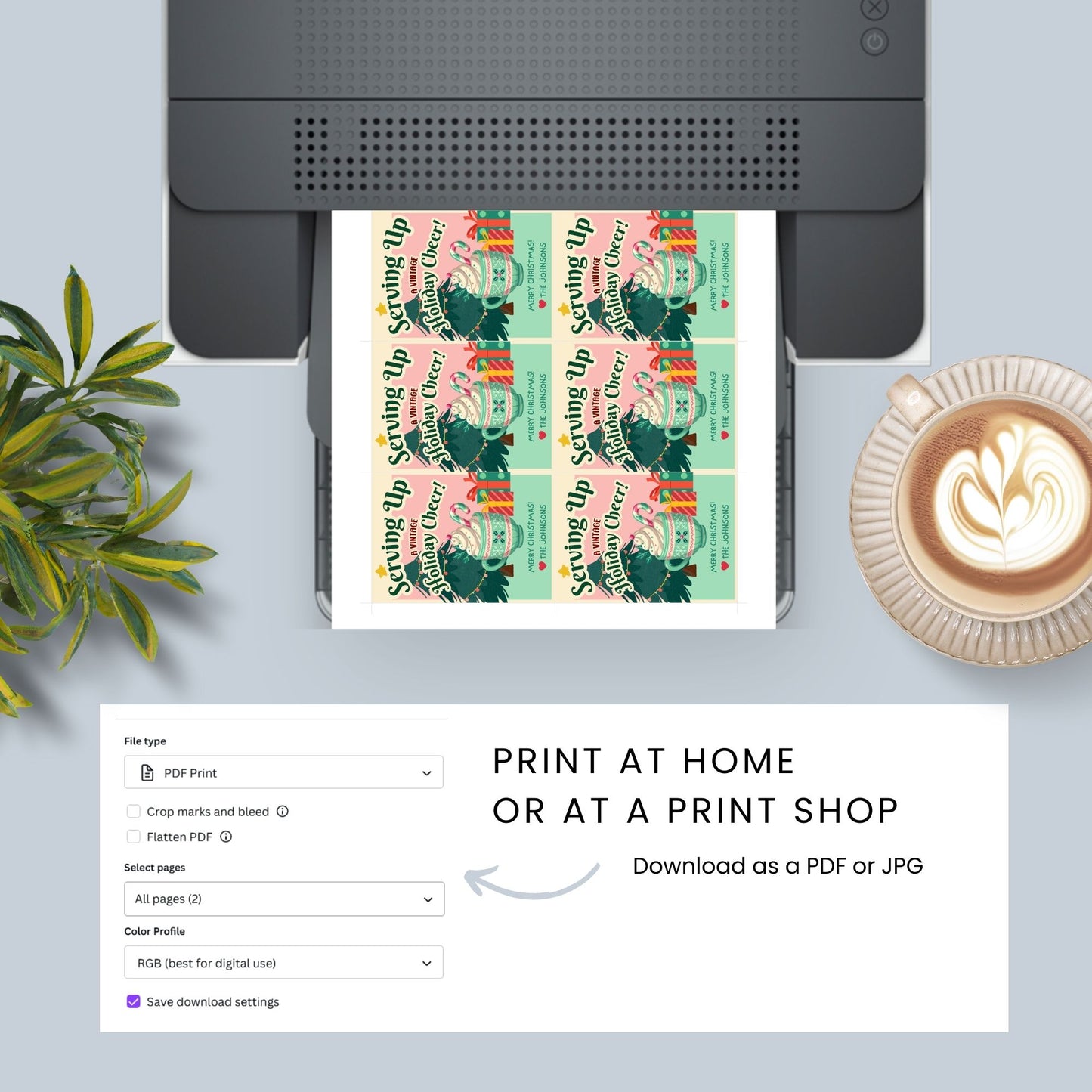 Retro-inspired Christmas gift tags featuring a cozy mug of whipped cream with a candy cane, a Christmas tree, and presents, paired with the message "Serving Up a Vintage Holiday Cheer!" These printable and editable tags add a charming, nostalgic touch to holiday gifts.
