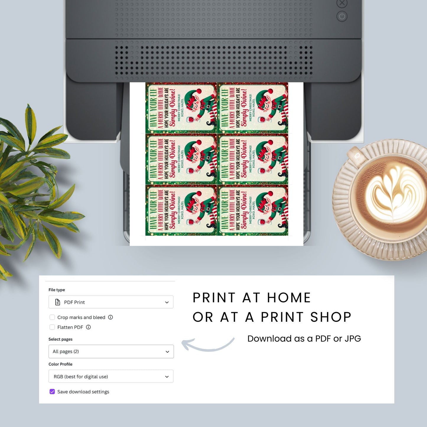 Christmas gift tags featuring a cheerful elf holding a glass of wine with the message "Have Your-elf a Merry Little Wine," perfect for holiday wine gifts. These printable and editable tags add a festive and humorous touch to wine presents.