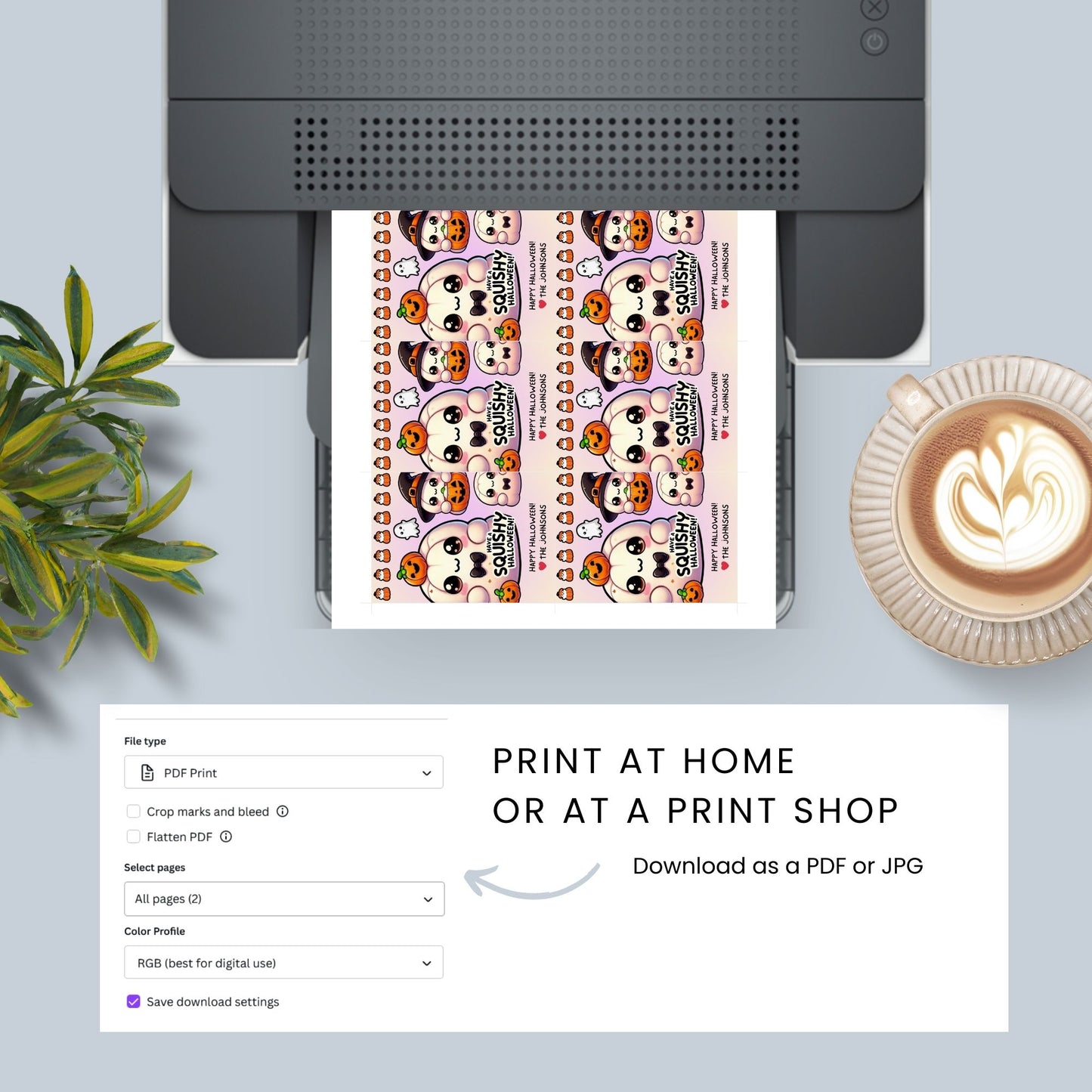 Adorable Halloween-themed printable gift tags featuring cute Squishmallow-style pumpkins and ghosts. The tag reads "Have a Squishy Halloween!" Perfect for Halloween treats, sized 2.5 x 3.5 inches, laid out 8 per sheet. Includes a printable PDF and a link to an editable Canva template.