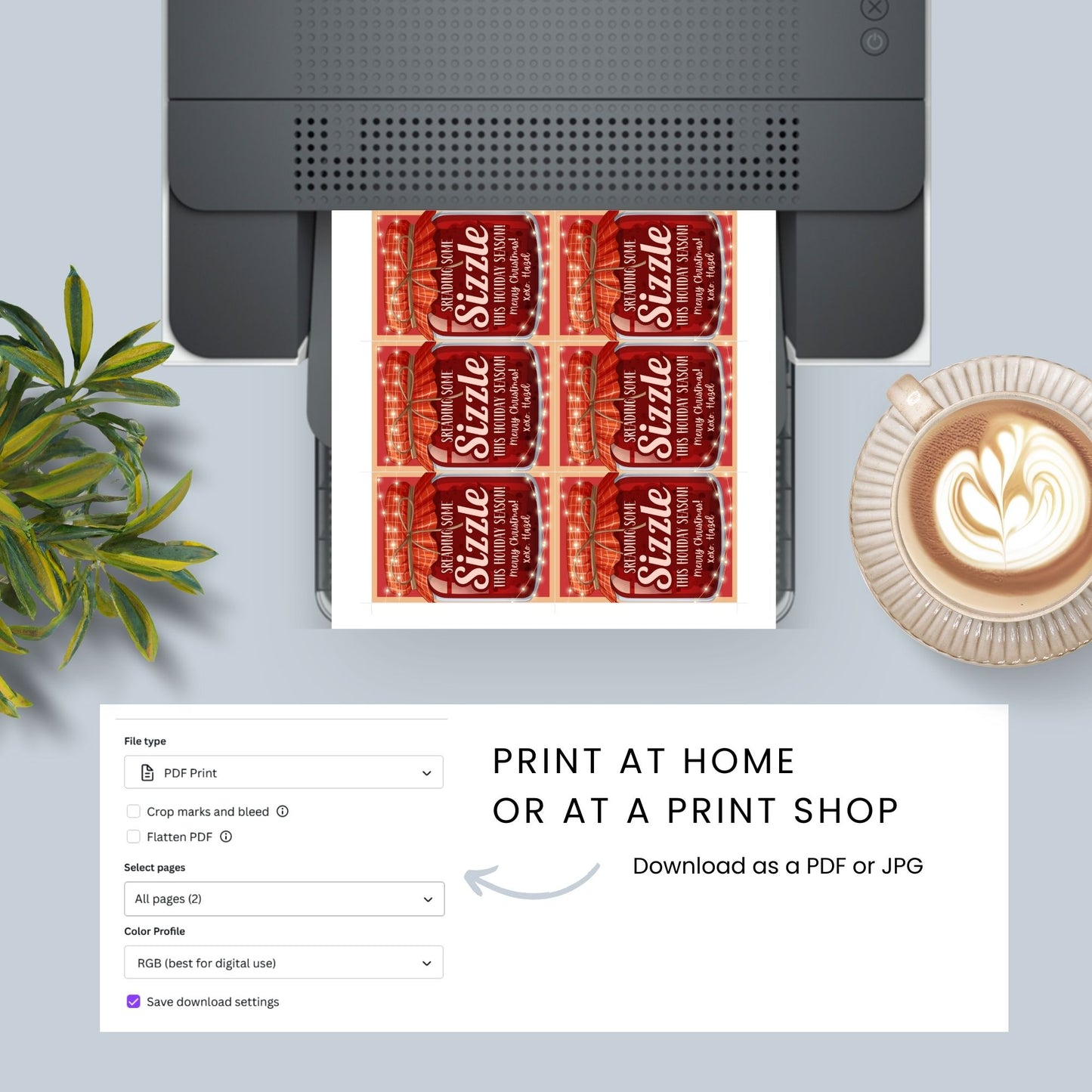 Printable "Spreading Some Sizzle This Holiday Season!" gift tags with a festive jar design, perfect for bourbon bacon jam or any spreadable treat. Includes printable PDF and editable Canva template.