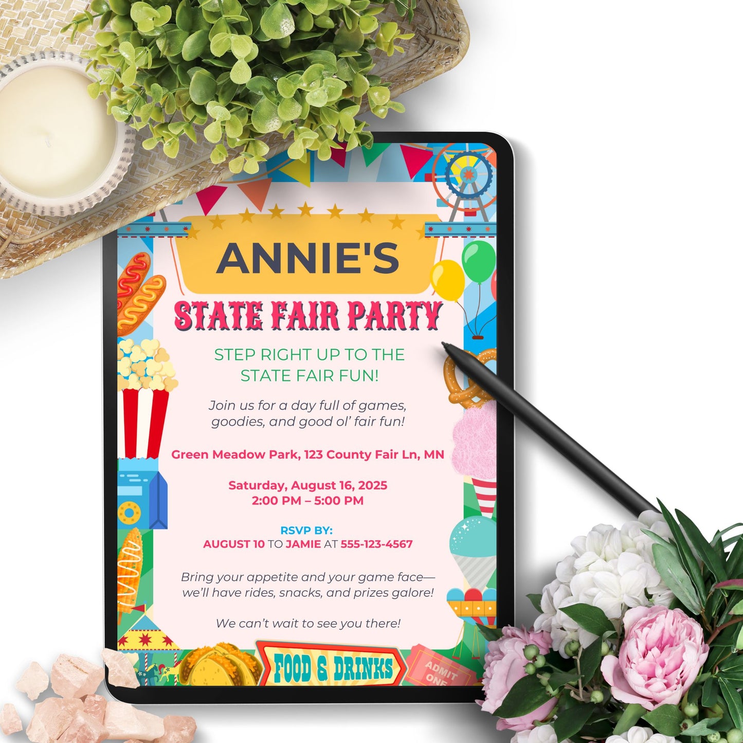 Editable State Fair Party Invitation with Ferris wheels, popcorn, cotton candy, hot dogs, and colorful fair elements; 5x7 Canva template printable for birthdays or summer events.