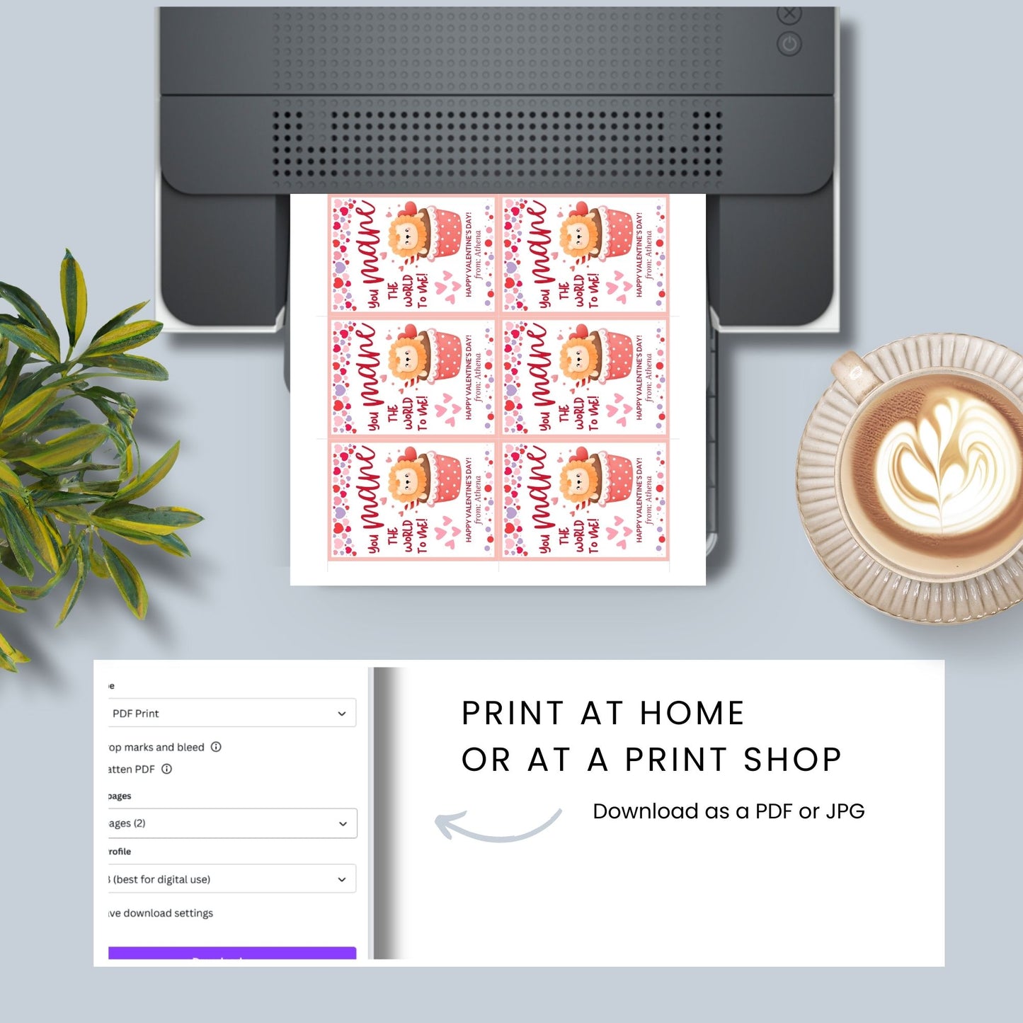 Printable and editable lion-themed Valentineās Day gift tags featuring a cute lion sitting in a cupcake with the message "You MANE the World to Me!" Perfect for pairing with cupcakes, plush lions, and sweet treats.