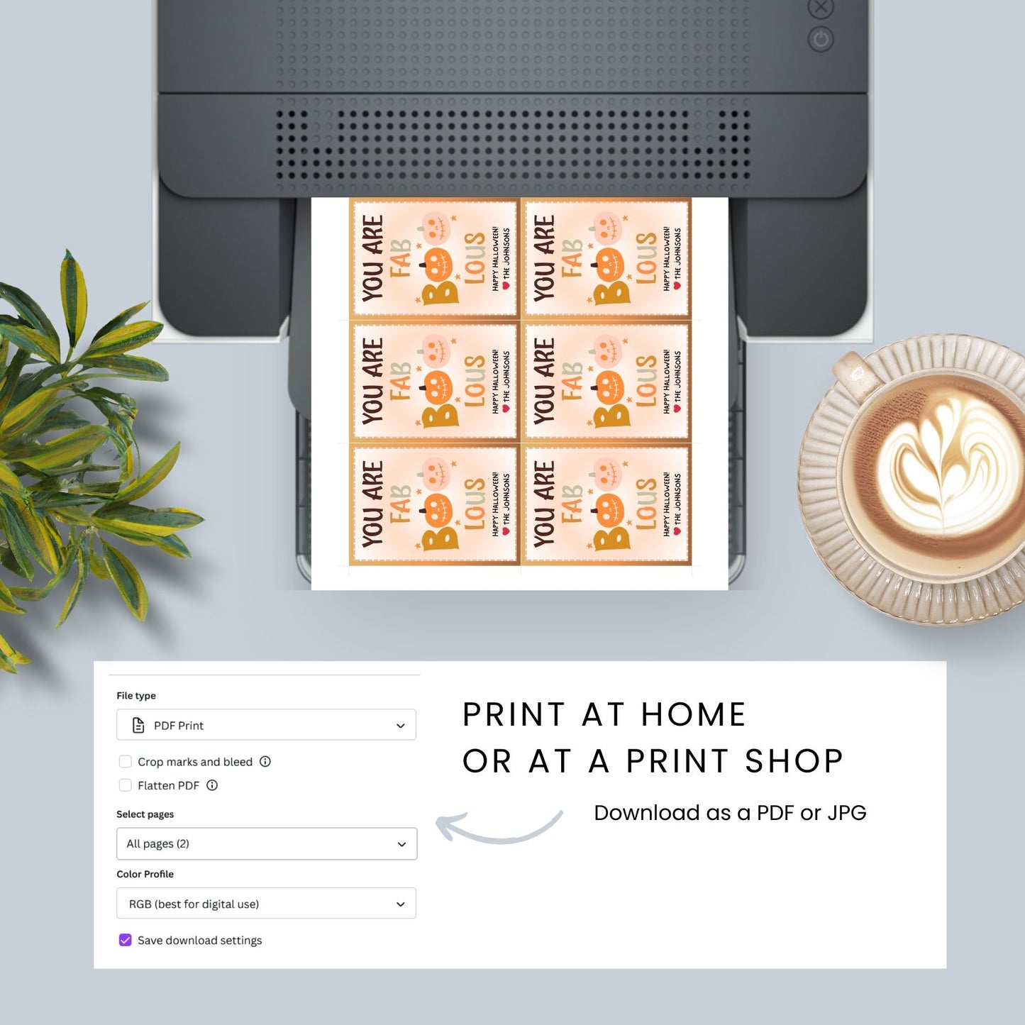 Printable Halloween gift tags with a warm color scheme, featuring the message "You Are FAB-BOO-LOUS" with cute smiling pumpkins, perfect for gifts and party favors.