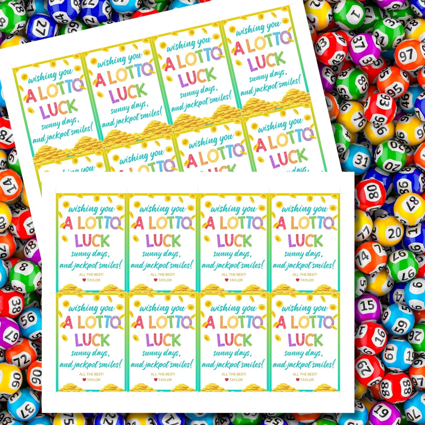 Colorful lotto-themed gift tags featuring a cheerful design with gold coins and the text "Wishing You A Lotto Luck, Sunny Days, and Jackpot Smiles! All the Best!" Personalize with names.