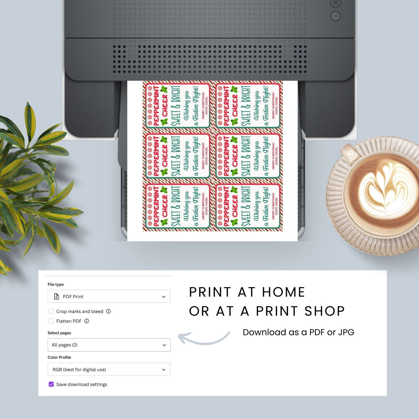 Printable Christmas gift tags with the message 'Peppermint Cheer, Sweet & Bright,' featuring a candy cane border and festive holiday design. Perfect for peppermint or candy cane gifts.