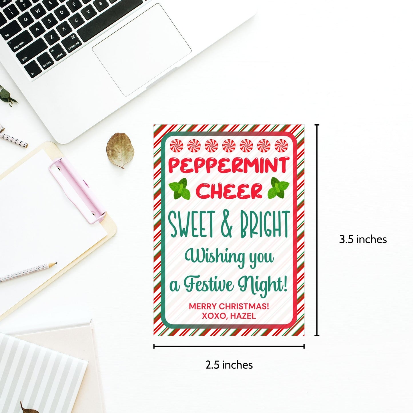 Printable Christmas gift tags with the message 'Peppermint Cheer, Sweet & Bright,' featuring a candy cane border and festive holiday design. Perfect for peppermint or candy cane gifts.