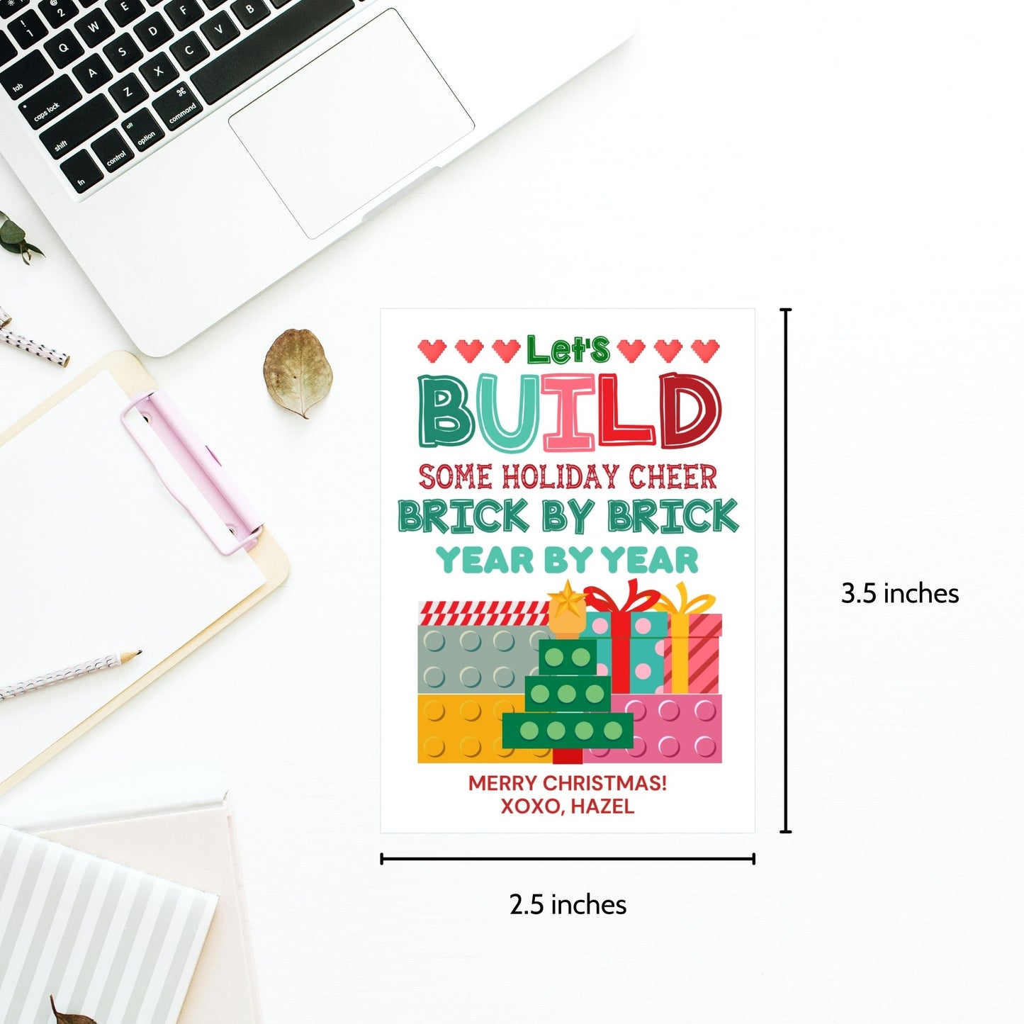 Festive "Let’s Build Some Holiday Cheer" gift tags with a building block theme, perfect for LEGO or similar gifts. Includes printable PDF and editable Canva template for personalization.