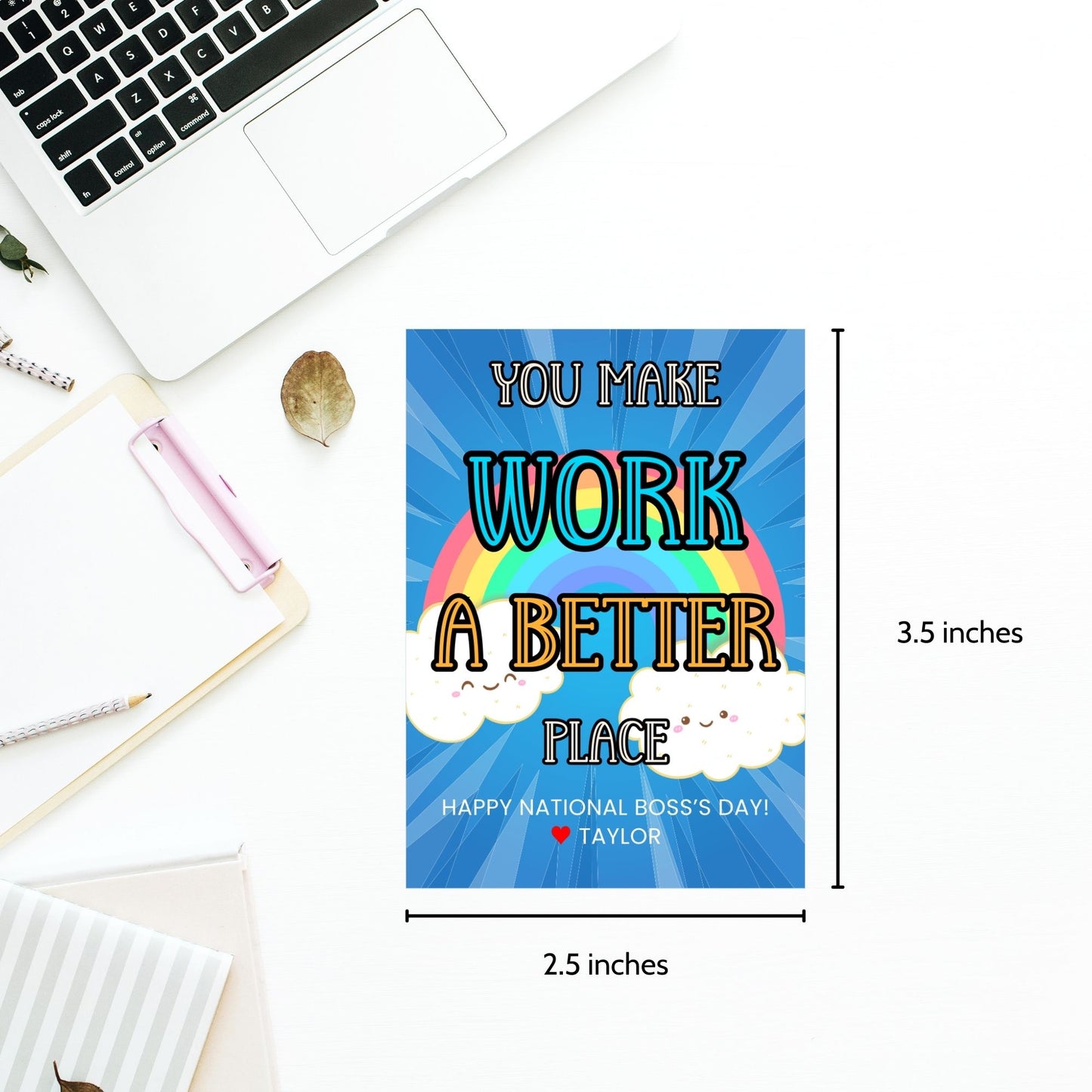 Editable National Boss's Day gift tags featuring a colorful rainbow and the message "You Make Work A Better Place." Each tag is 2.5 x 3.5 inches, 8 per sheet, with room for personalization.