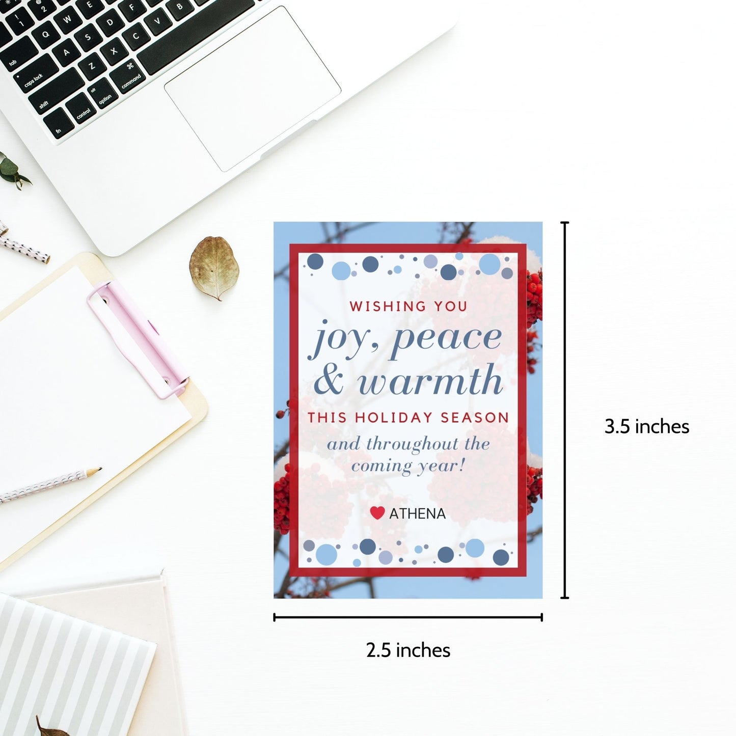 A set of eight printable and editable Christmas gift tags featuring an elegant icy blue and fiery red color palette, designed with a festive message. Each tag measures 2.5 x 3.5 inches, laid out on an 8.5 x 11-inch sheet, perfect for adding a personalized holiday touch.