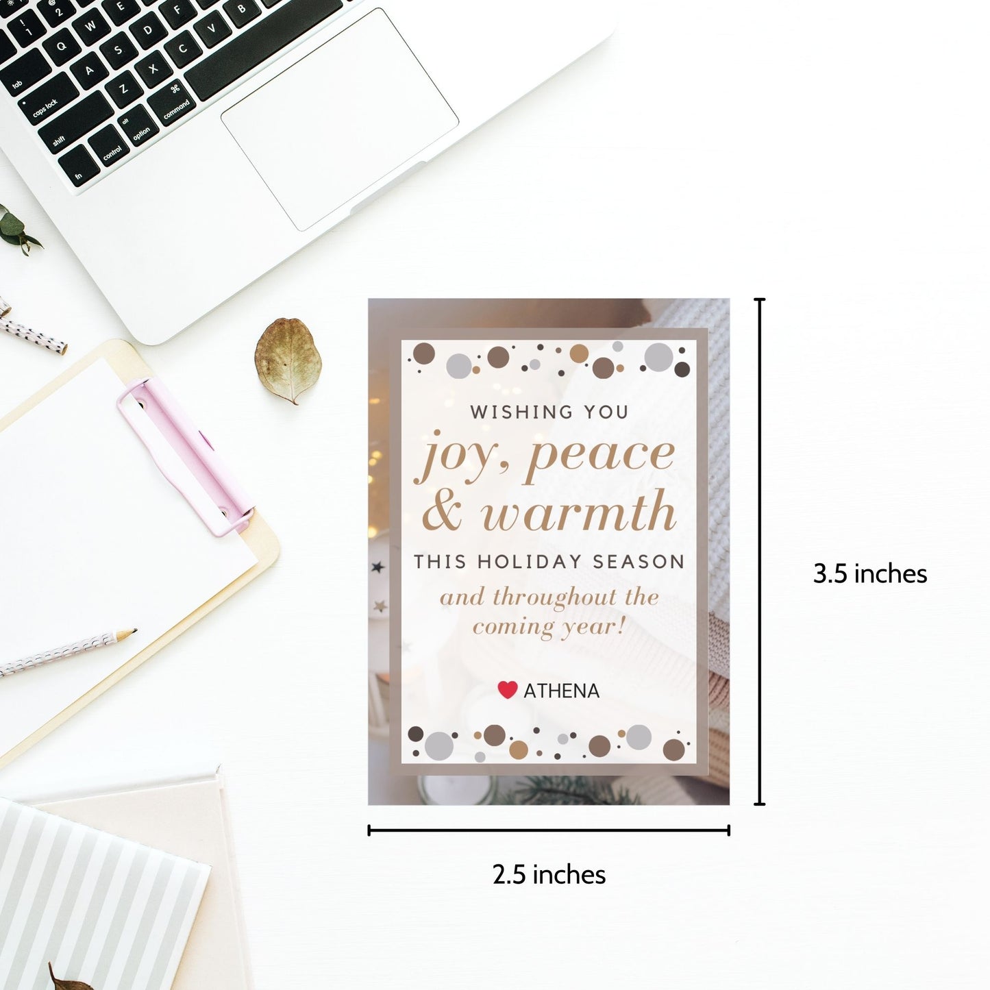 A set of eight printable and editable Christmas gift tags featuring a warm Beige Winter Delight palette with golden accents and a festive message. Perfect for elegant, minimalist gift wrapping. Each tag measures 2.5 x 3.5 inches, laid out on an 8.5 x 11-inch sheet.