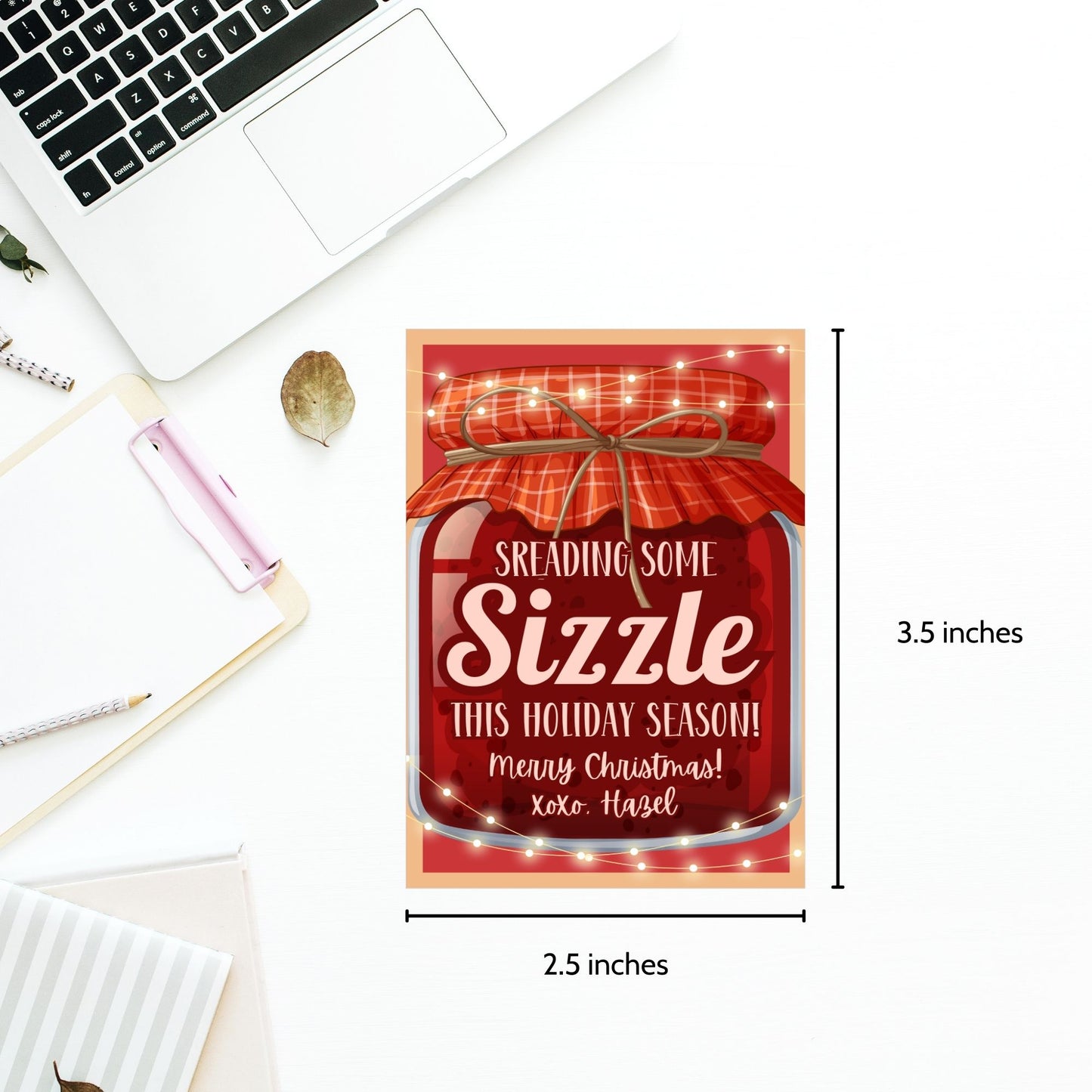 Printable "Spreading Some Sizzle This Holiday Season!" gift tags with a festive jar design, perfect for bourbon bacon jam or any spreadable treat. Includes printable PDF and editable Canva template.
